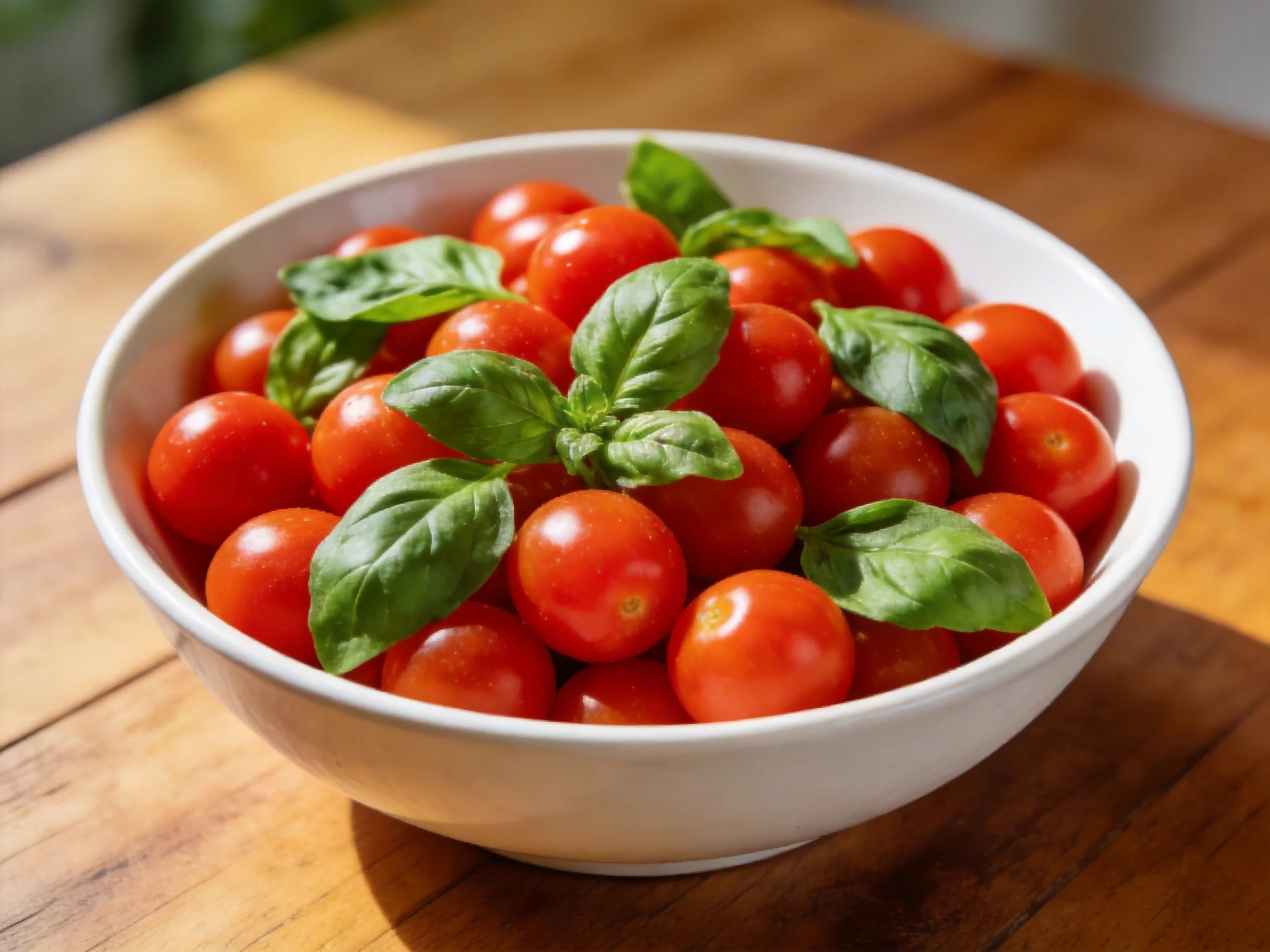 White bowl containing approximately twenty cherry tomatoes with fresh basil leaves