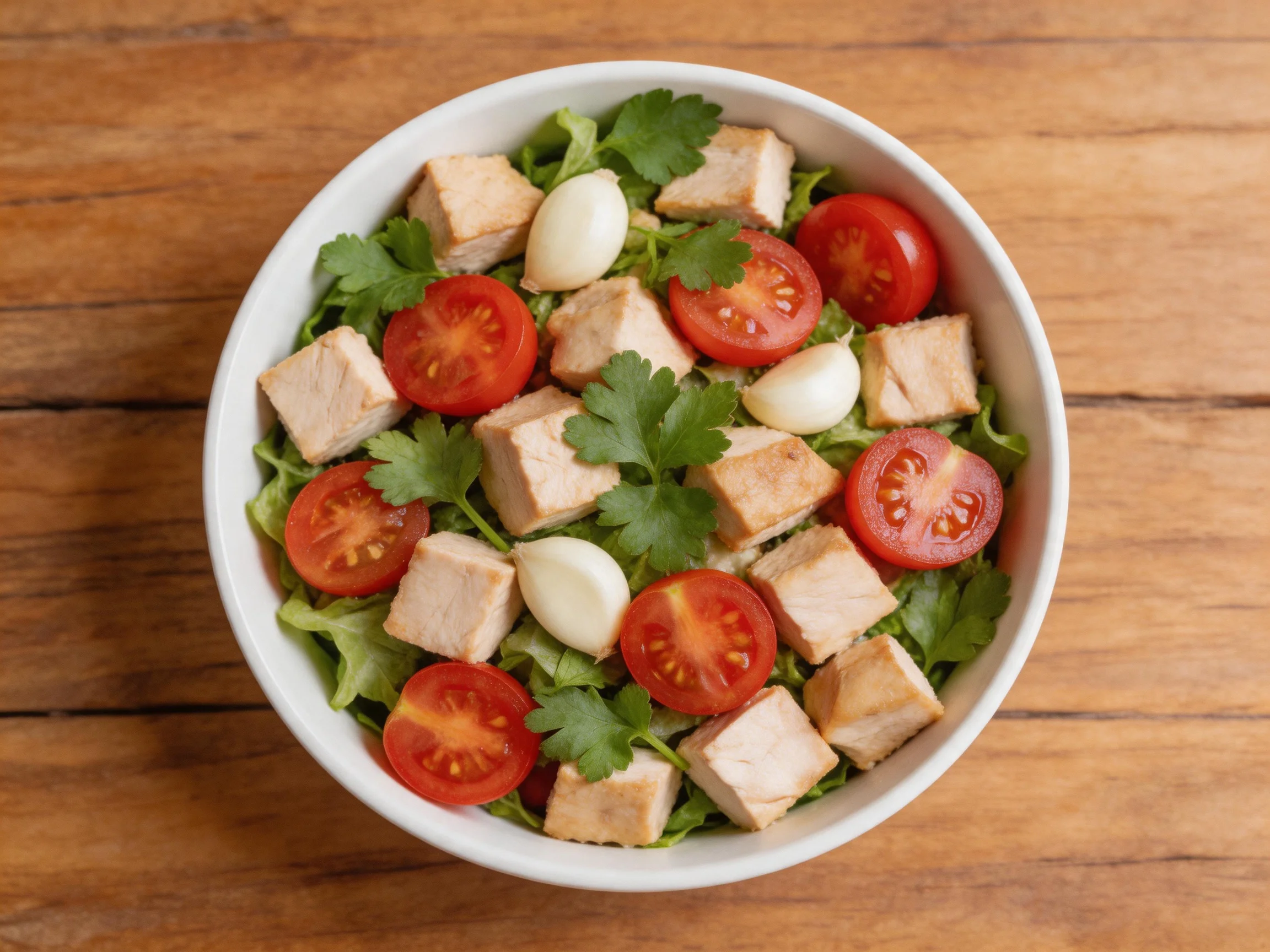 White bowl containing mixed greens, cherry tomatoes, cubed protein, and fresh herbs