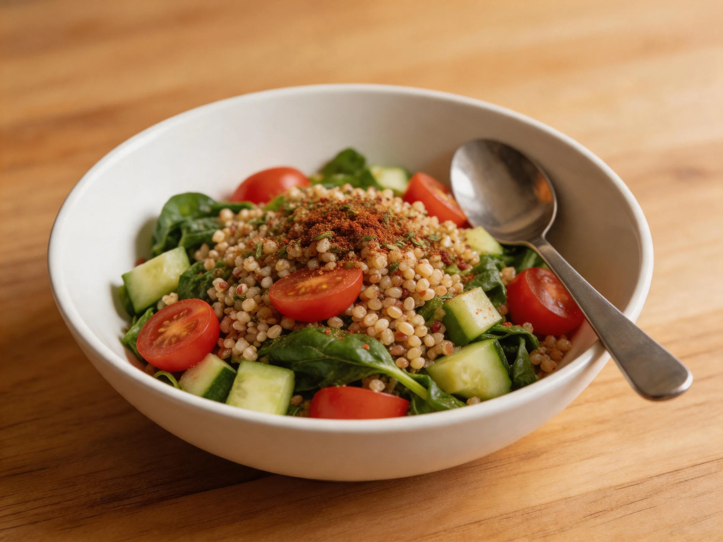 White bowl contains grain salad with tomatoes, cucumbers, and greens