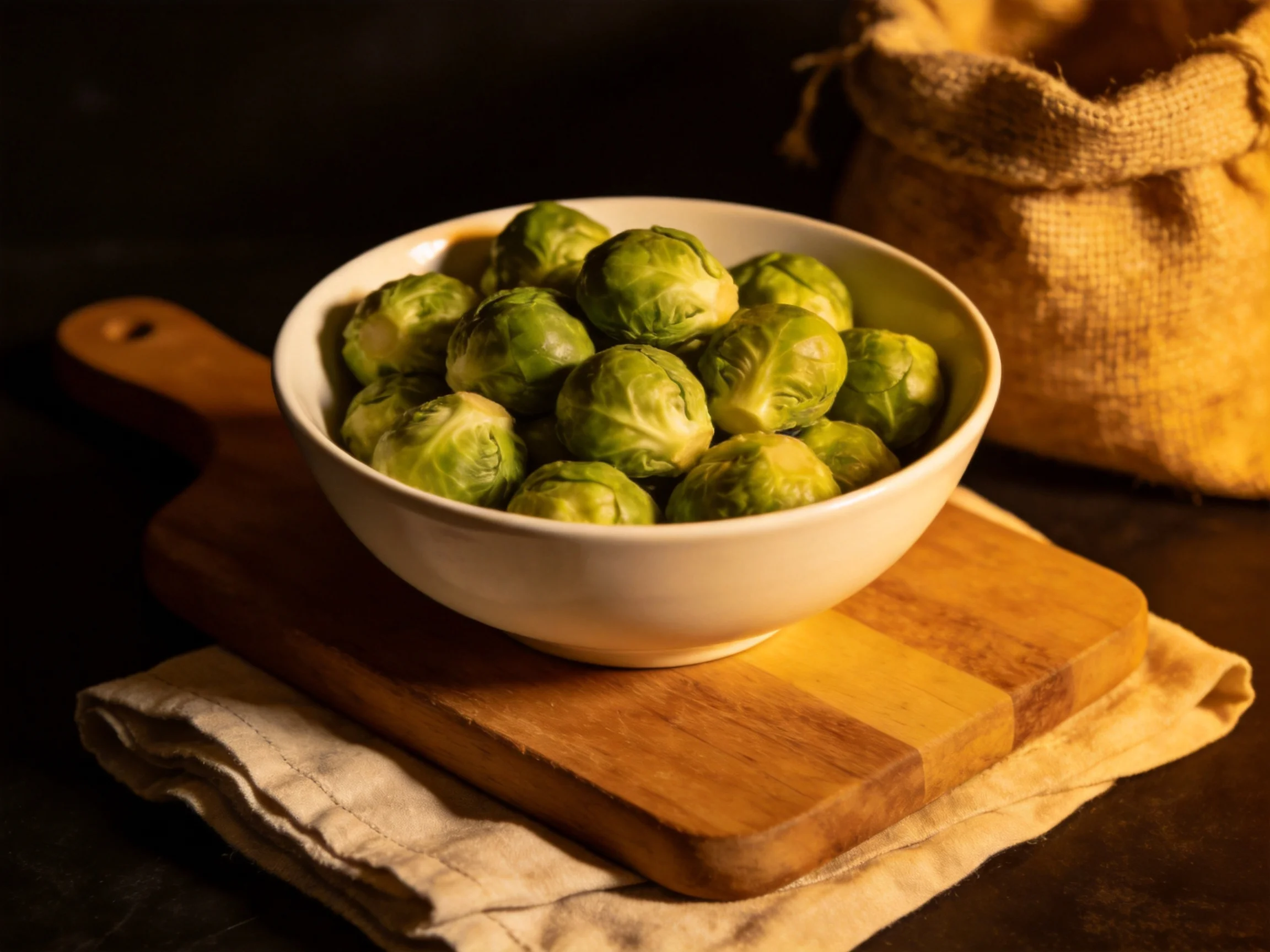 White bowl filled with fresh green Brussels sprouts on wooden board