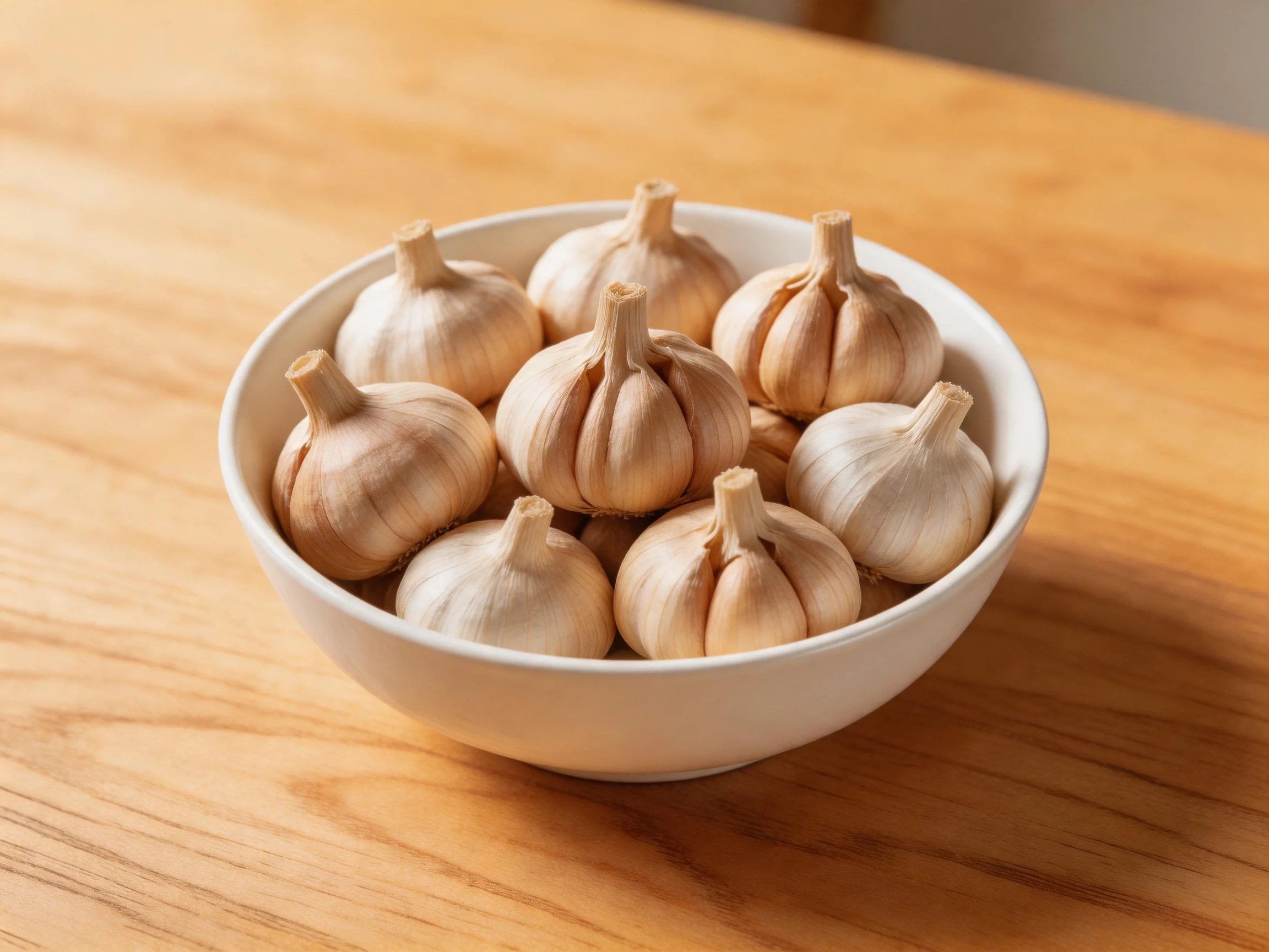 White bowl filled with garlic bulbs on a wooden table