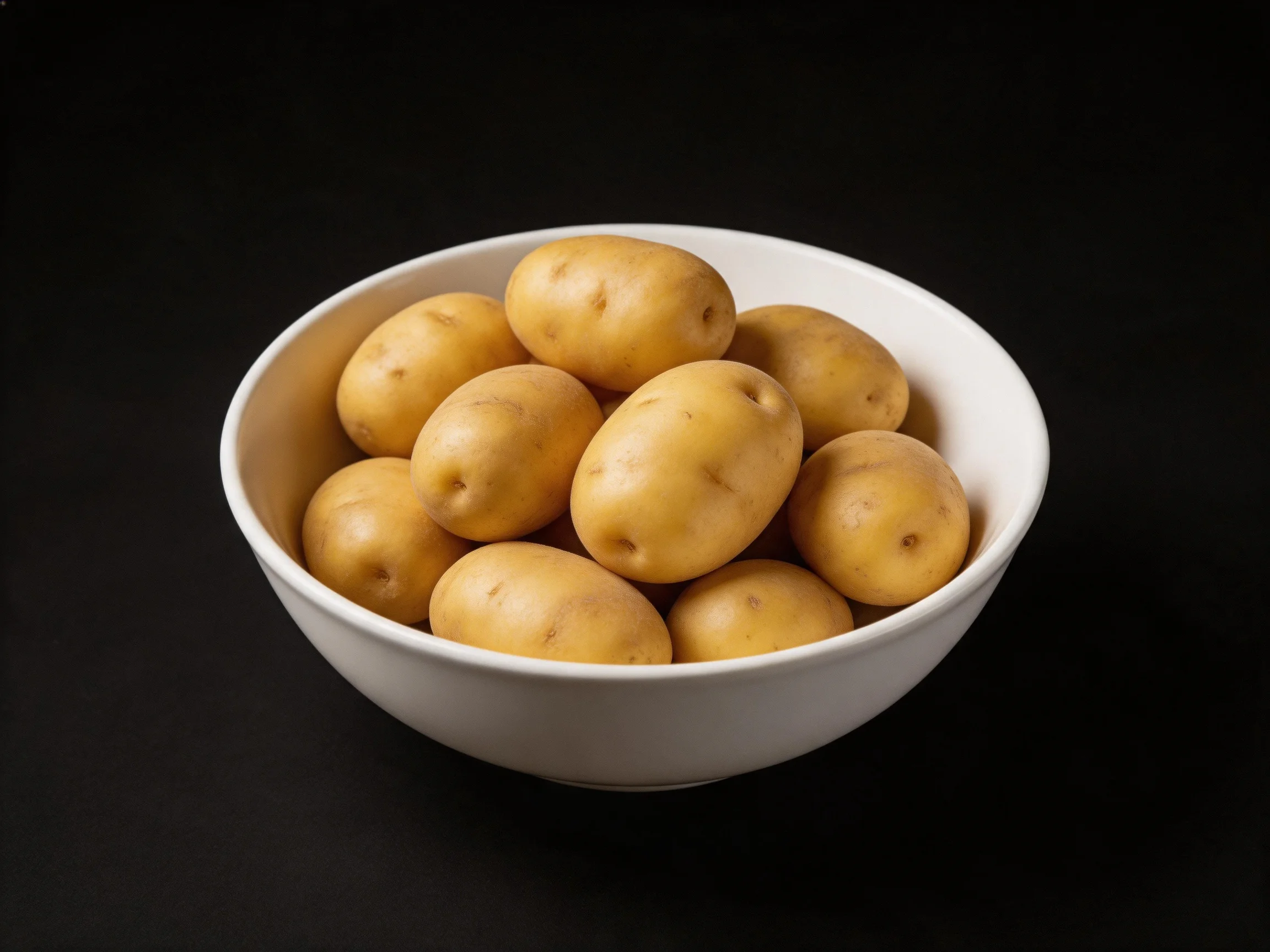 White bowl filled with small yellow potatoes on dark background