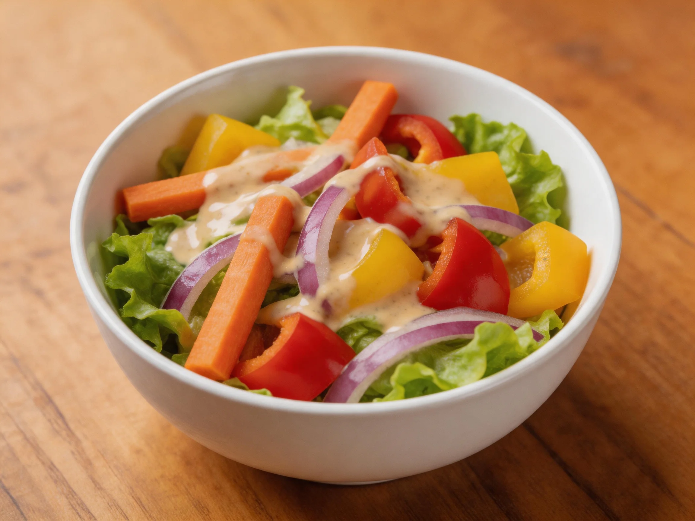 White bowl holding colorful mixed vegetable salad with dressing on wooden surface