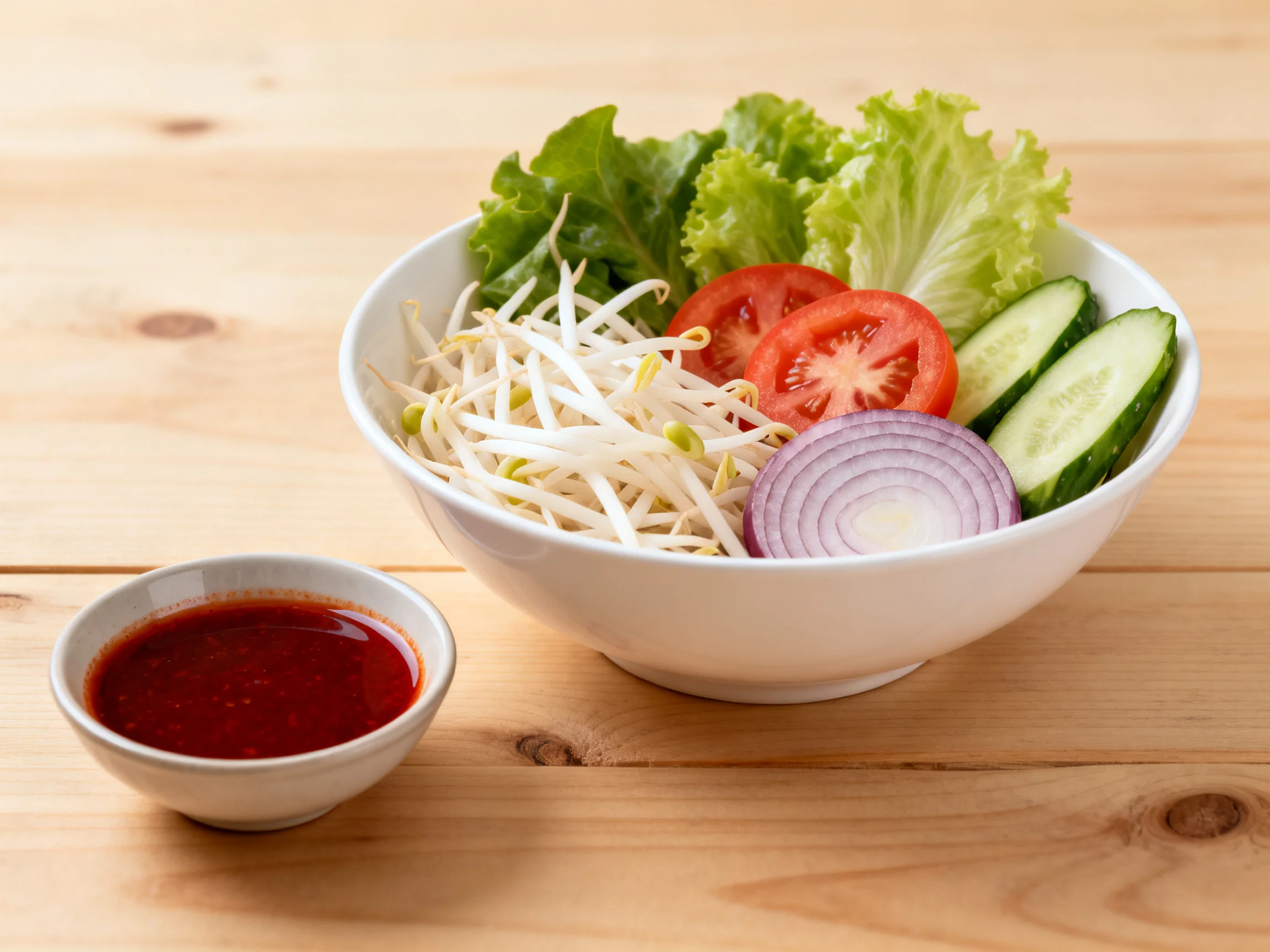 White bowl with assorted fresh vegetables and red sauce