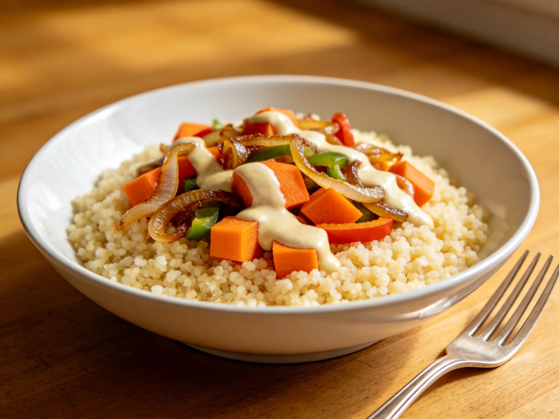 White bowl with colorful vegetable couscous and creamy dressing