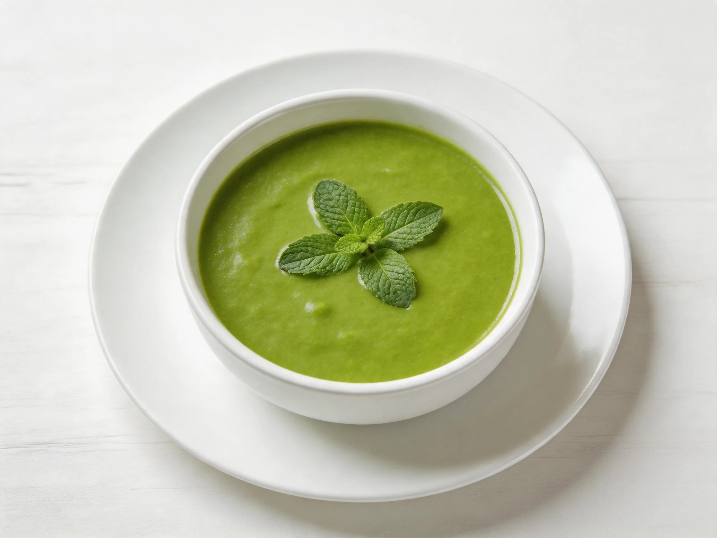 White bowl with creamy green soup garnished by fresh mint