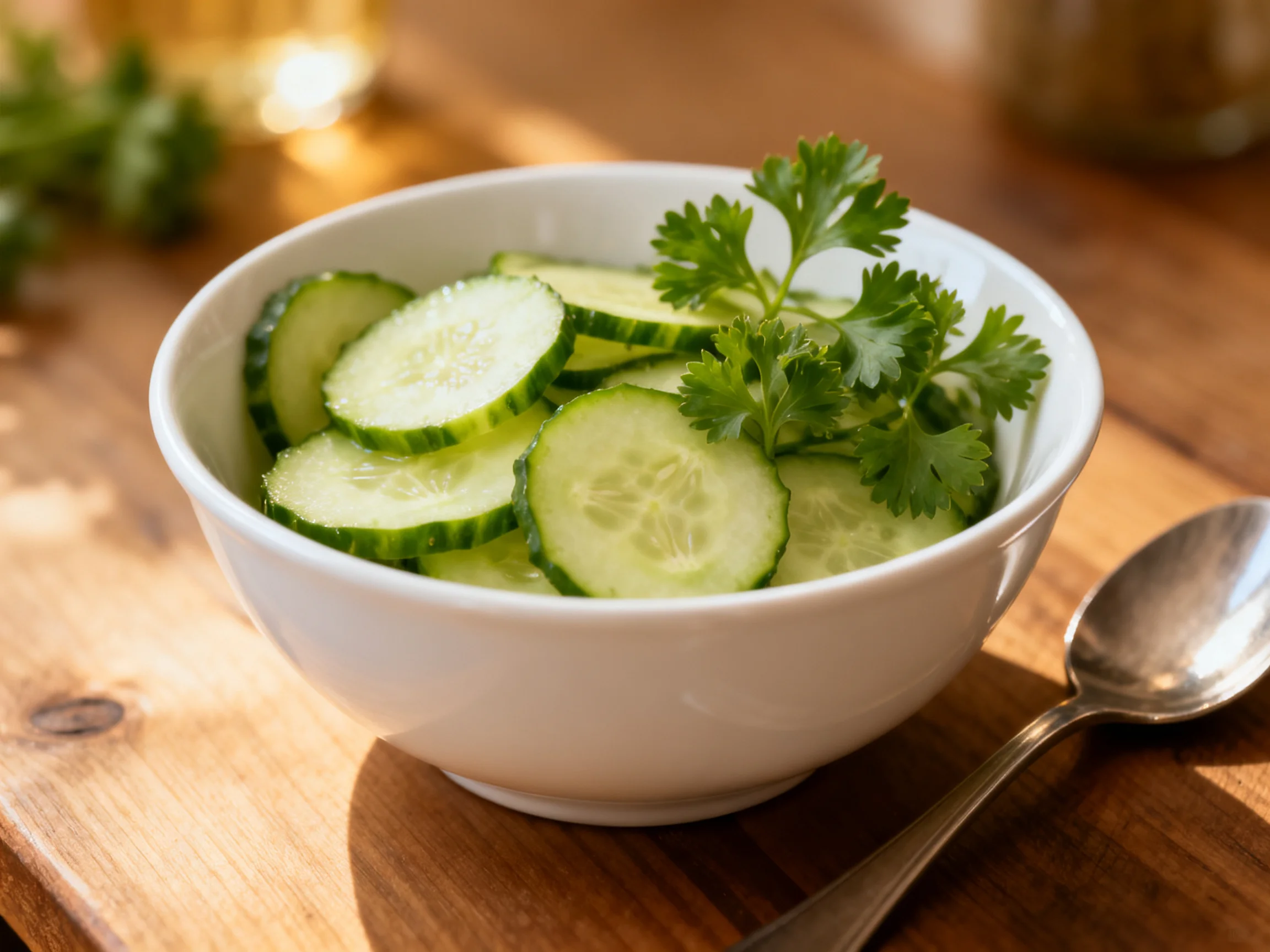 White bowl with sliced cucumbers and parsley garnish
