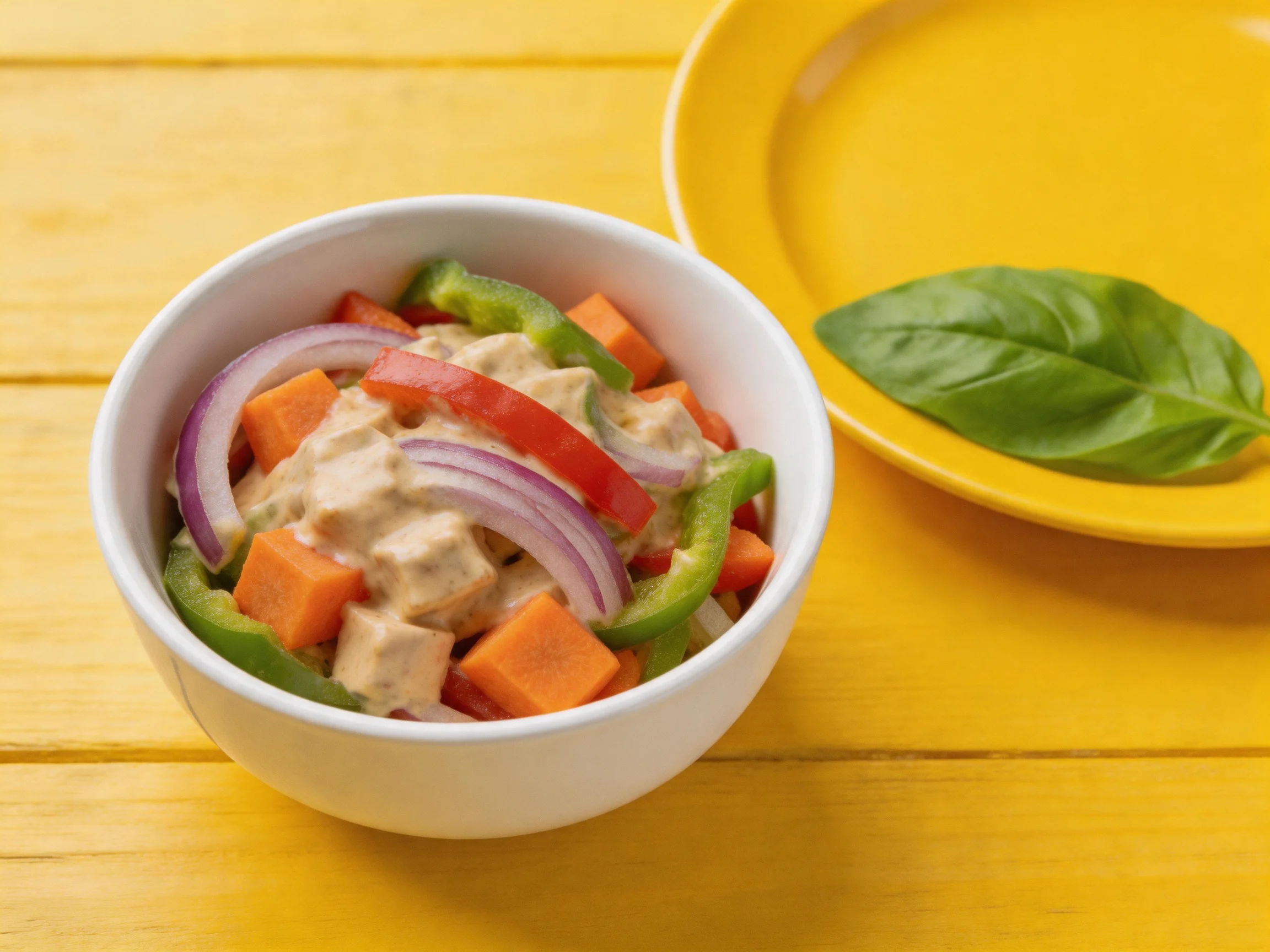 White bowl with vibrant mixed vegetables and creamy sauce