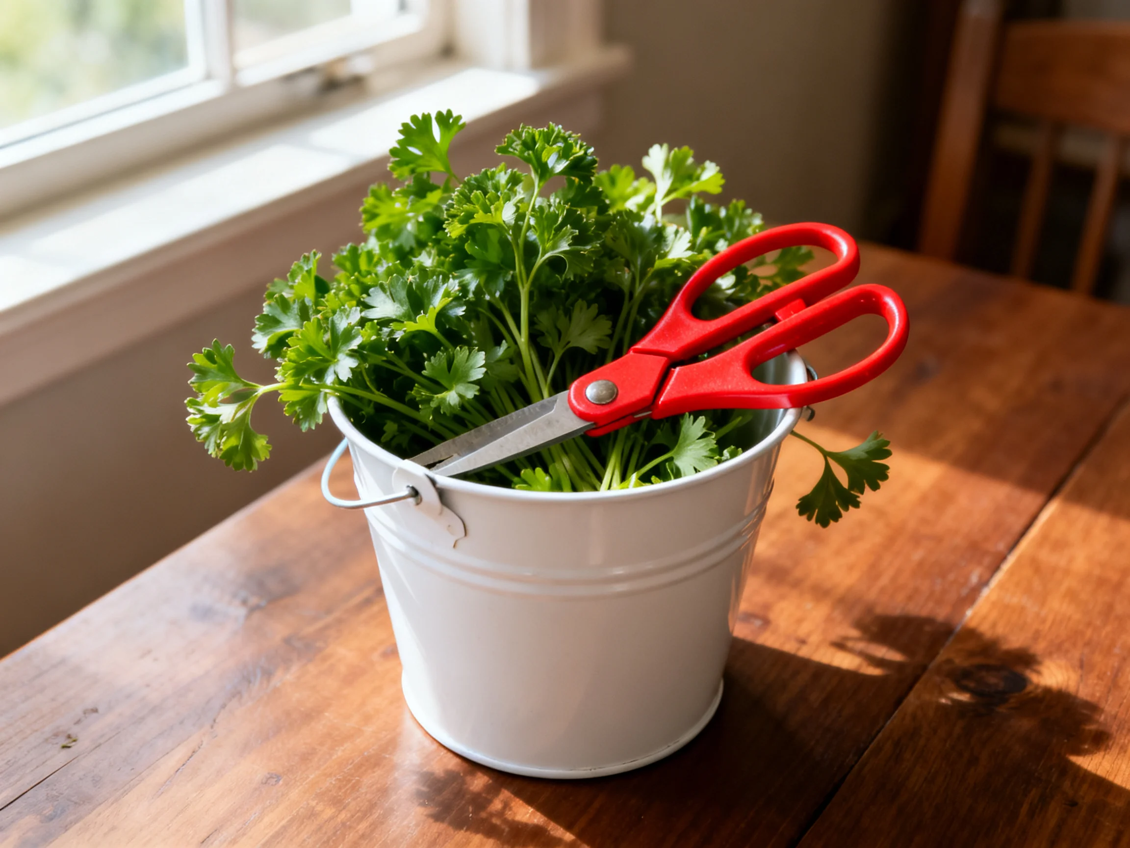 White bucket with fresh green herbs and red scissors on a wooden table by a window