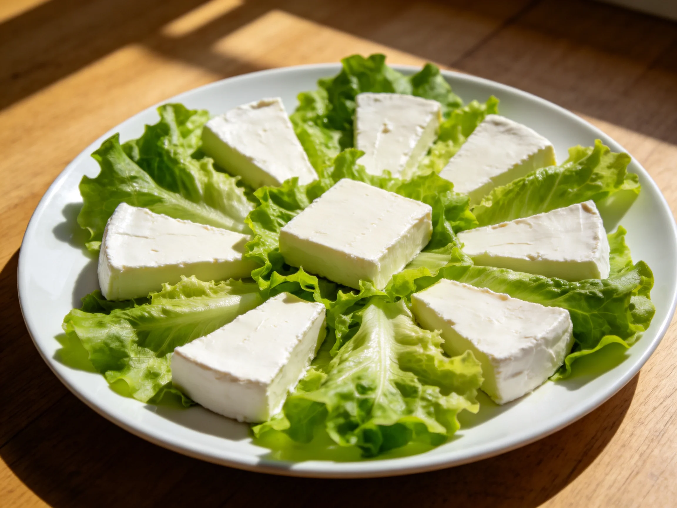 White cheese slices arranged on crisp green lettuce in a circular plate