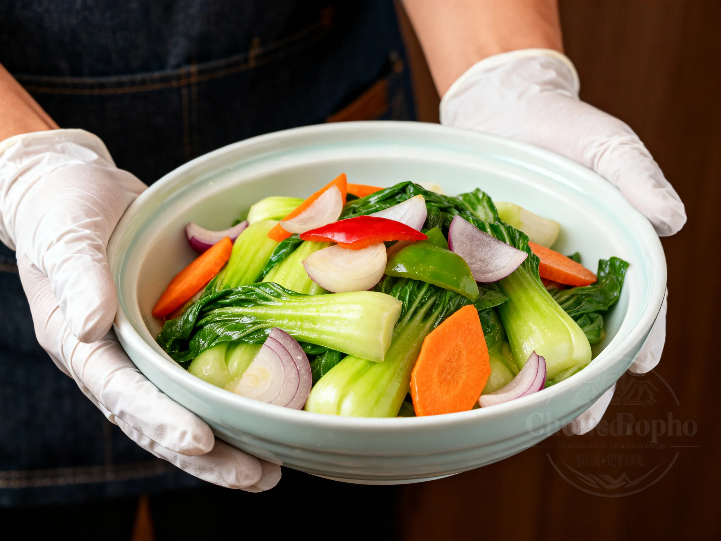 White-gloved hands presenting a colorful mixed vegetable medley in a ceramic bowl