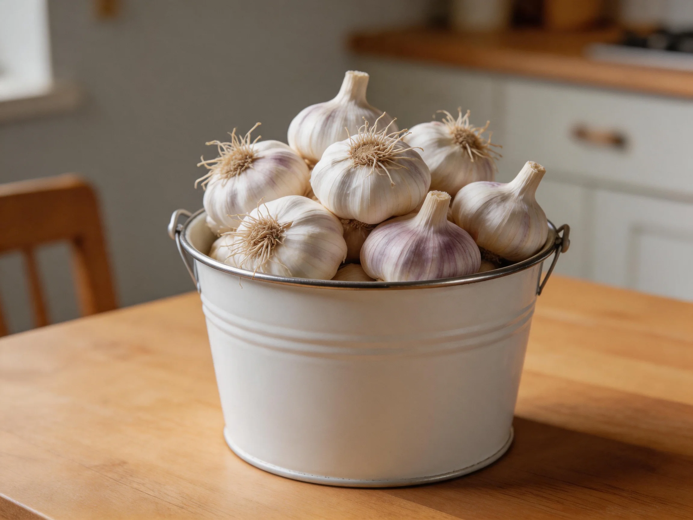 White metal bucket holds garlic bulbs on wooden table