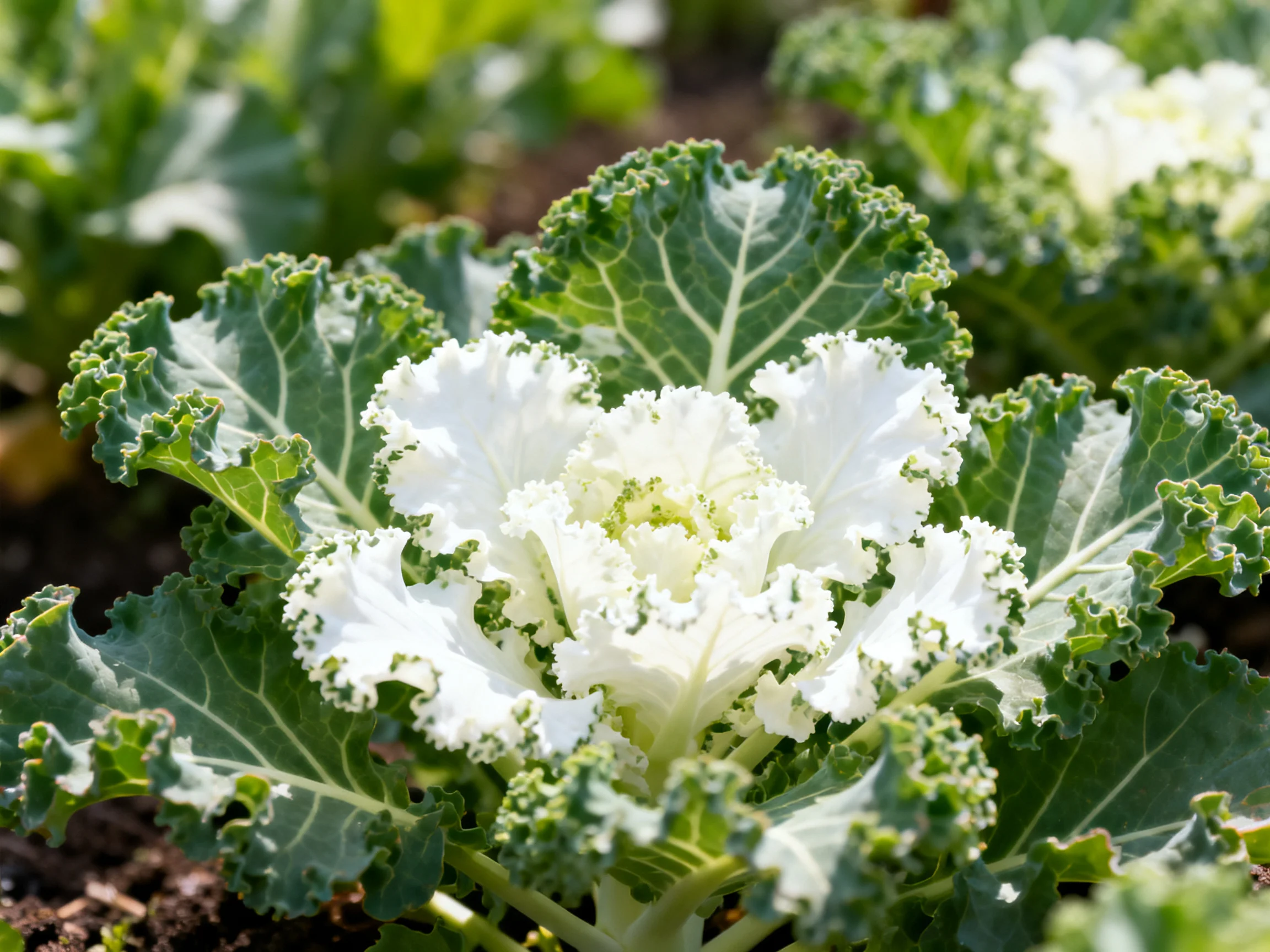 White ornamental kale with green curly leaves in garden bed