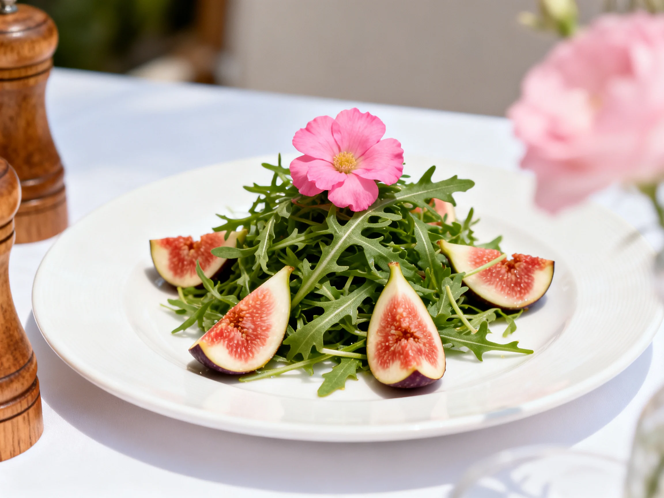 White plate with arugula salad, sliced figs, and pink flower