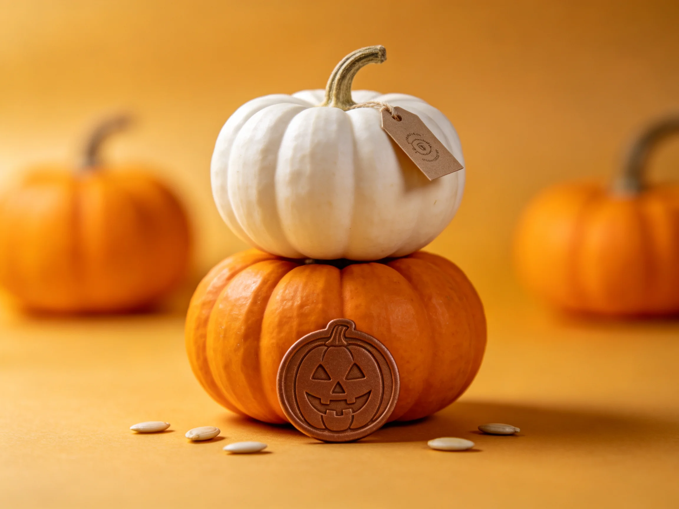 White pumpkin stacked on orange pumpkin, jack-o-lantern cookie, scattered seeds
