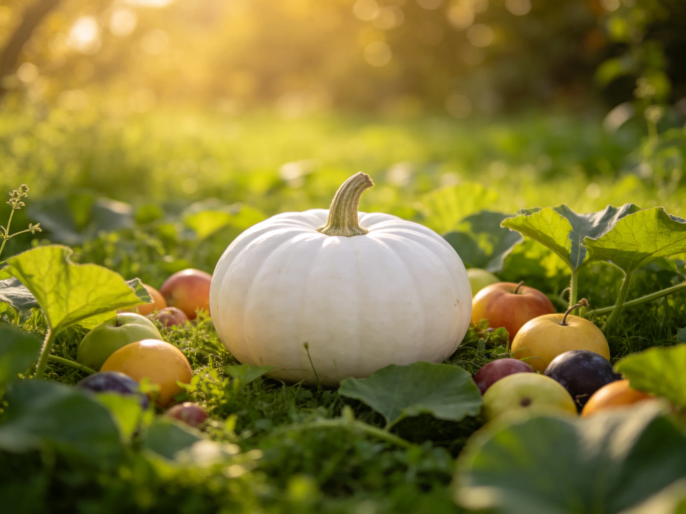 White pumpkin surrounded by colorful fruits in sun-drenched garden