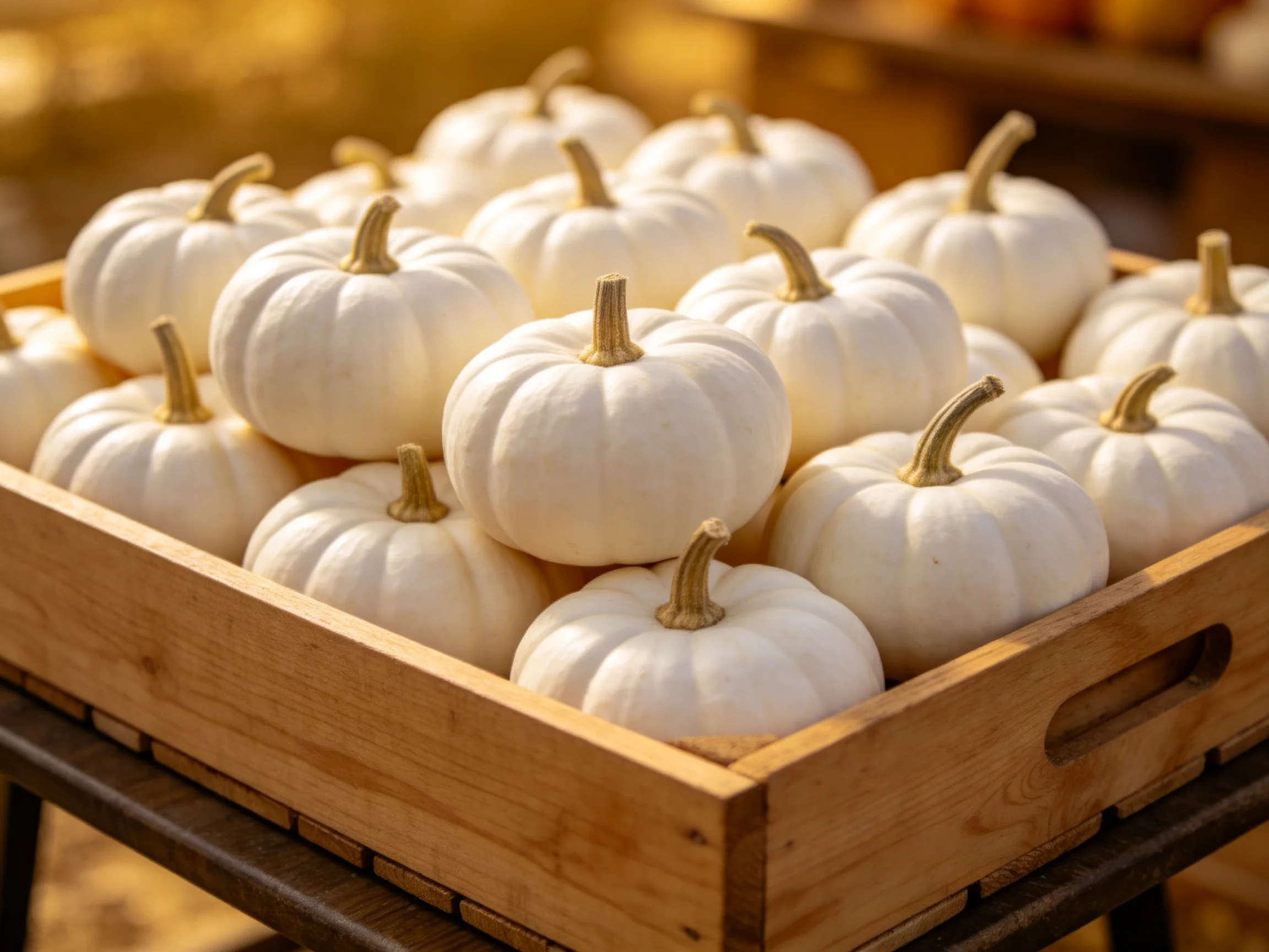 White pumpkins neatly arranged in a wooden crate under warm lighting