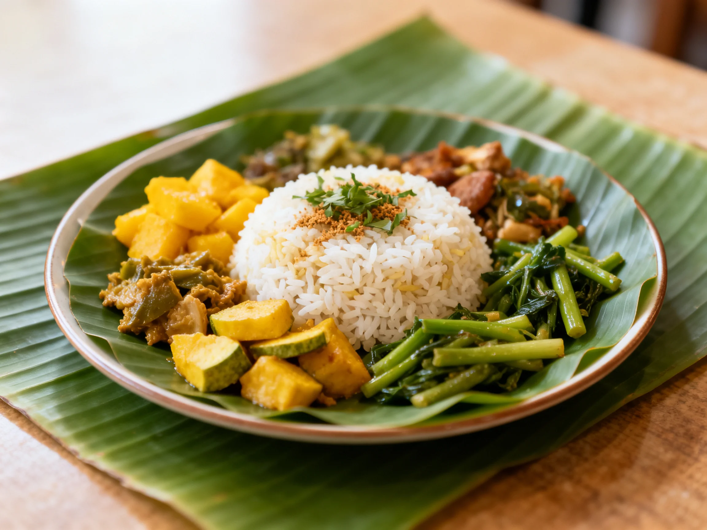 White rice centered among colorful vegetable curries on a banana leaf presentation