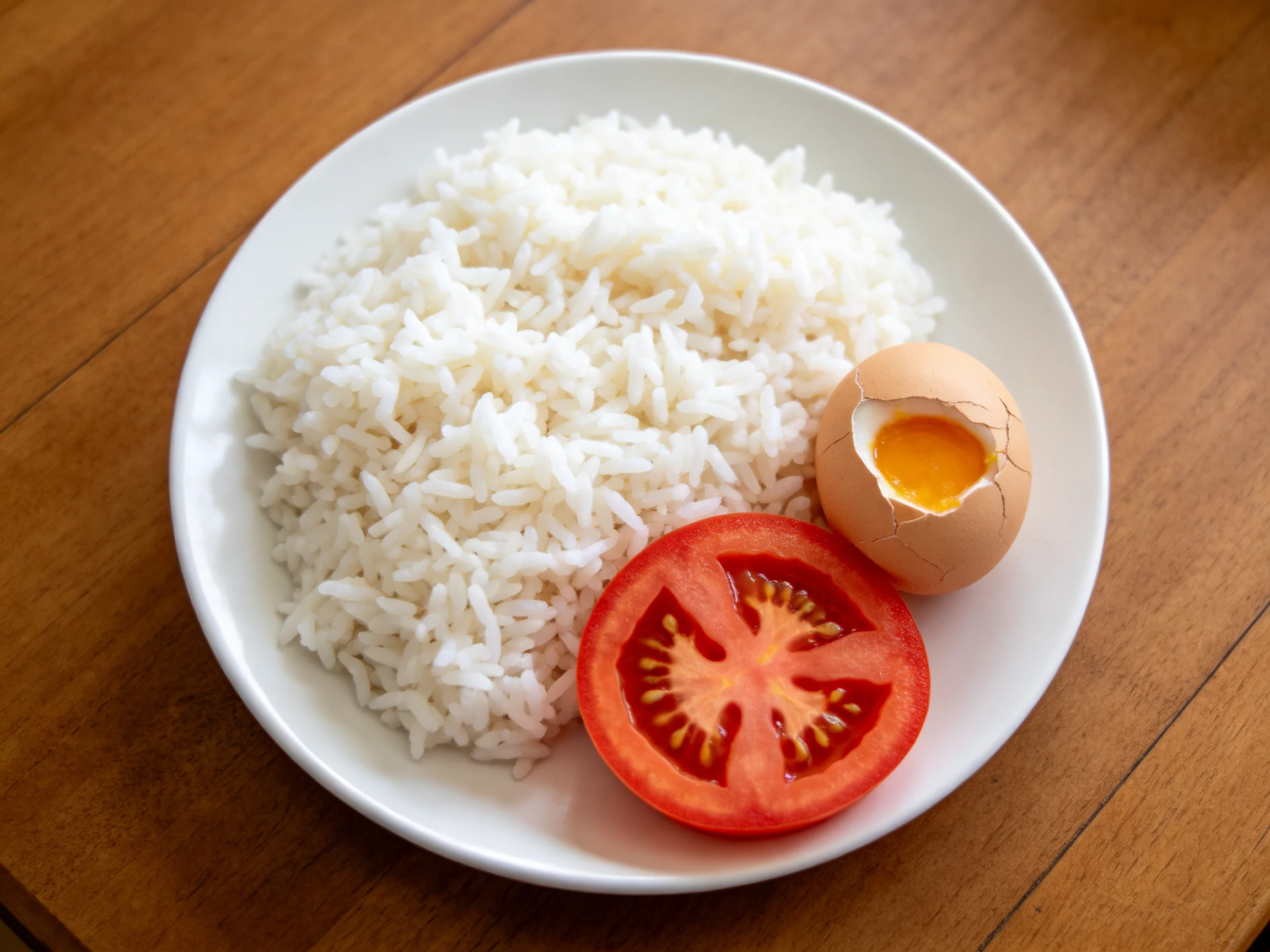 White rice, sliced tomato, and a cracked egg on a wooden plate
