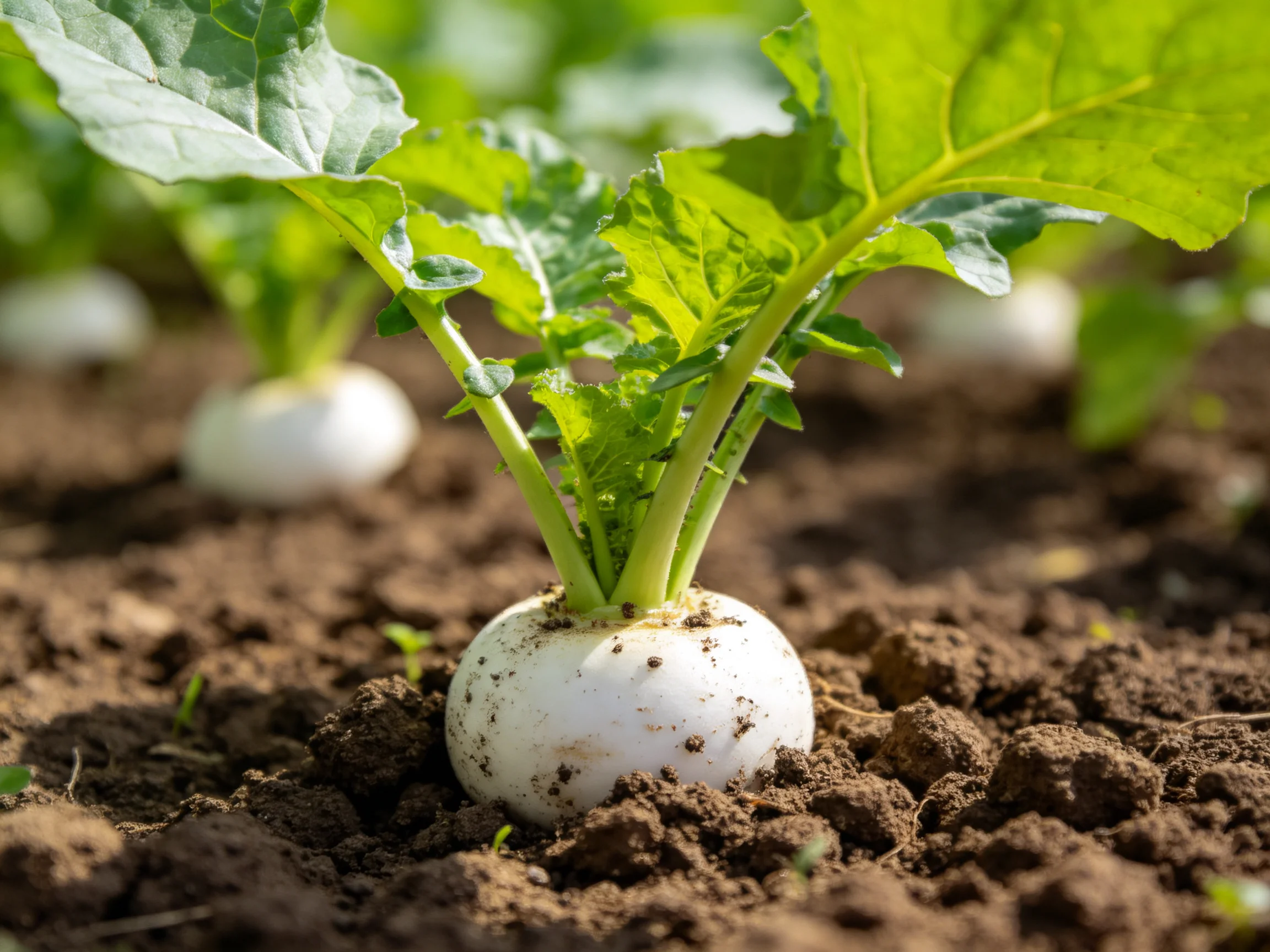 White turnips with vibrant green leaves growing in dark brown soil