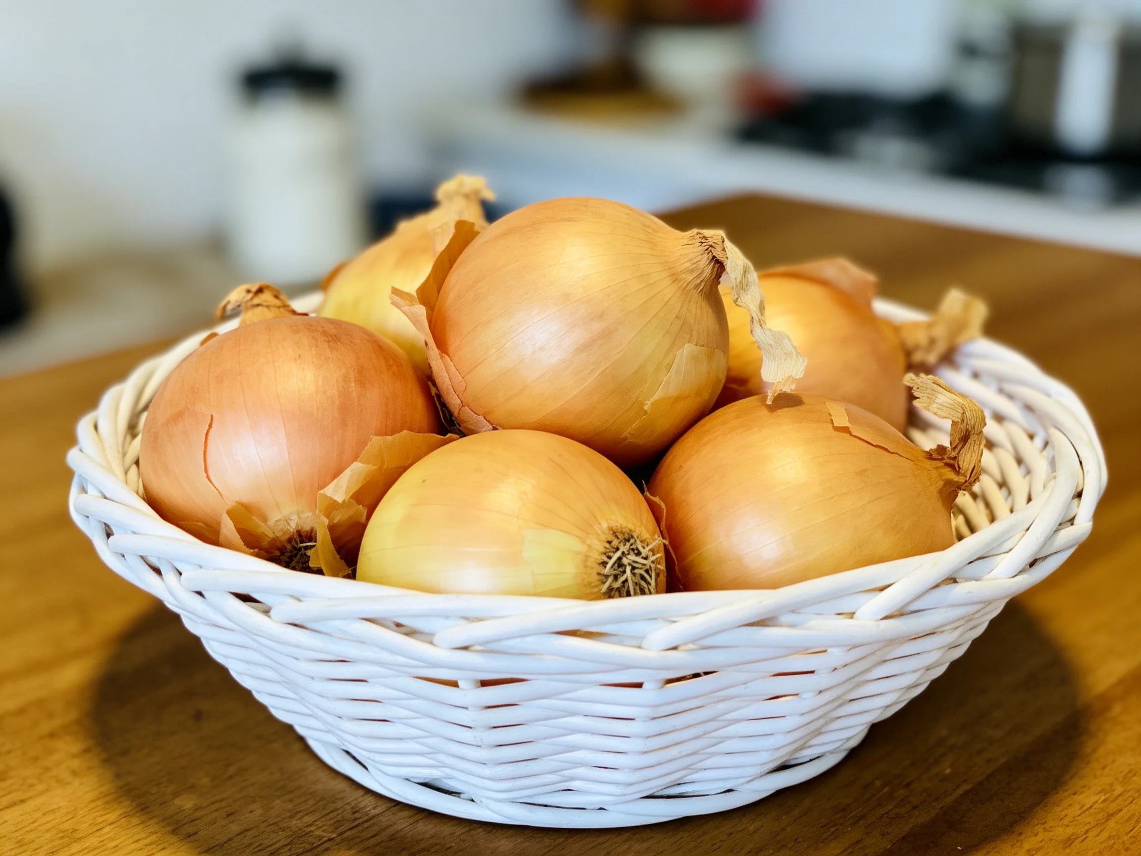 White wicker basket with golden-brown onions on wooden table