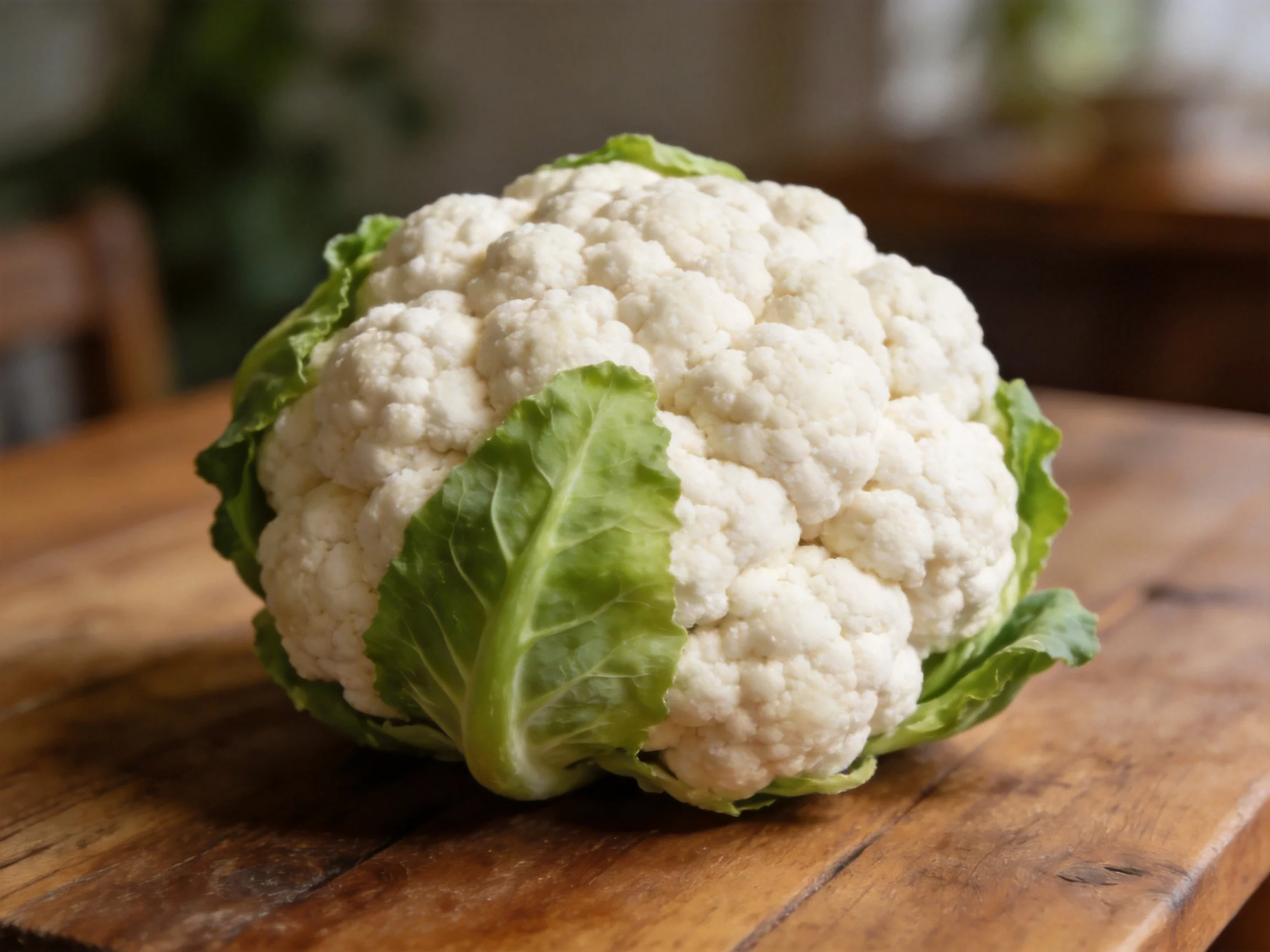 Whole cauliflower with green leaves on rustic wooden cutting board