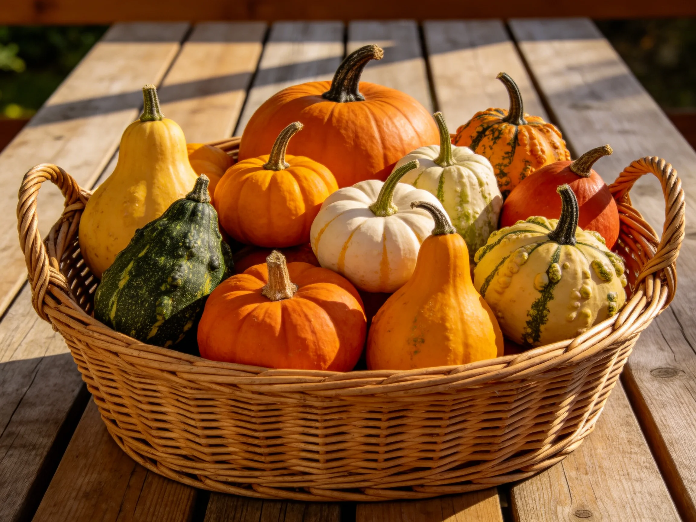 Wicker basket brimming with assorted gourds and small pumpkins on wooden table