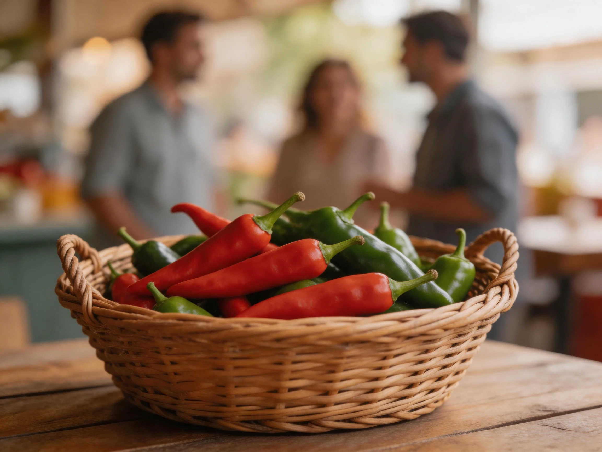 Wicker basket filled with red and green peppers sits on wooden table near people
