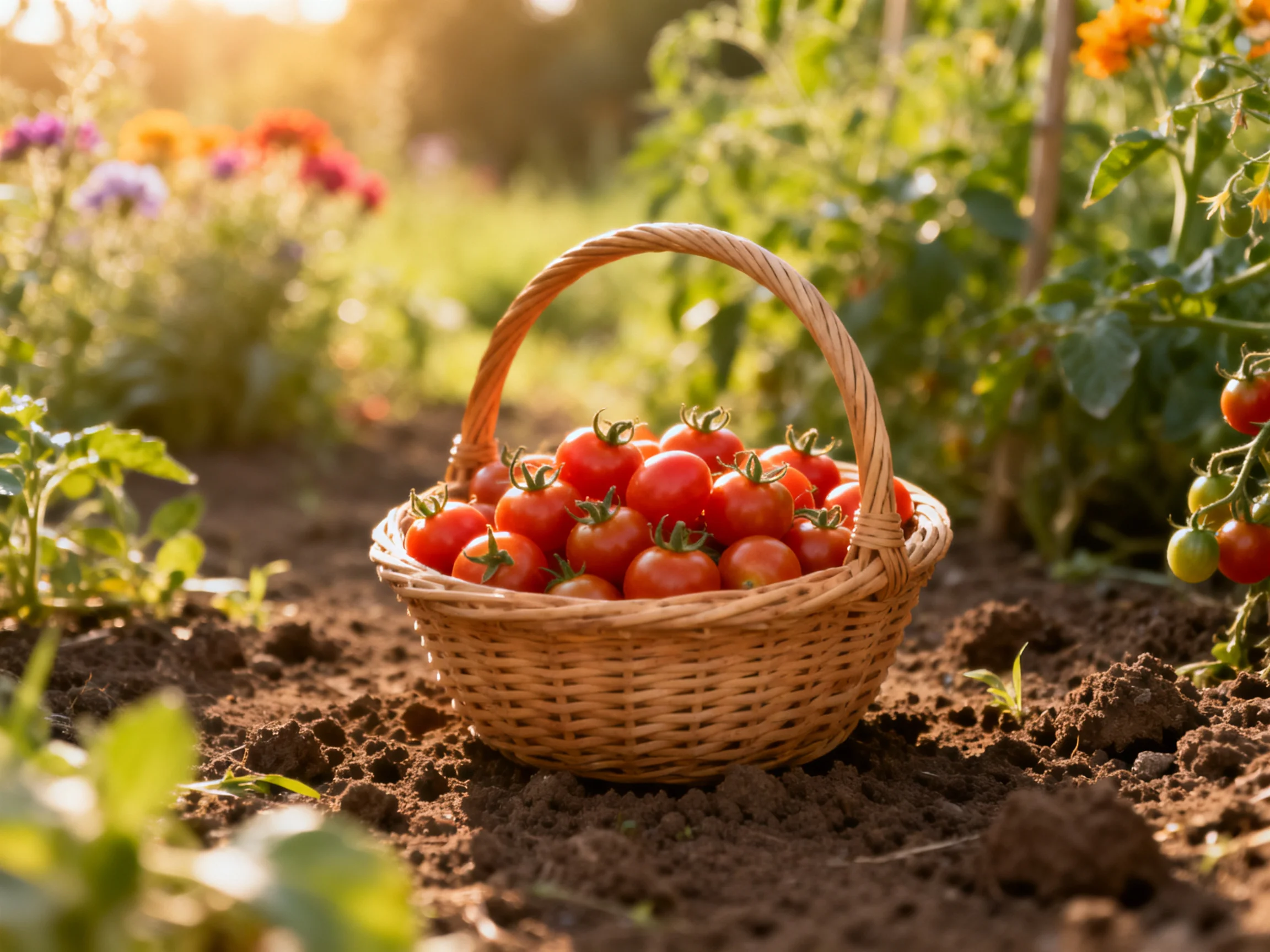 Wicker basket filled with vibrant red cherry tomatoes in a sun-drenched garden