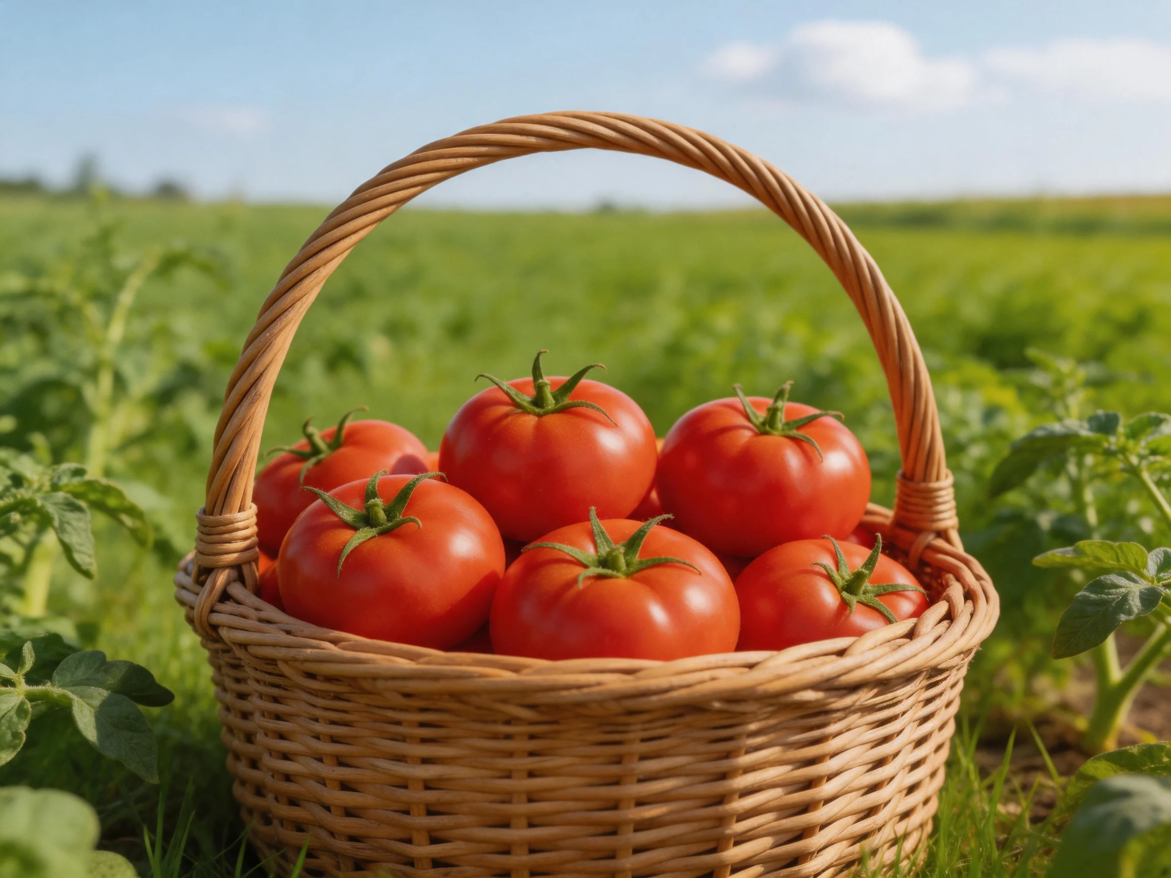 Wicker basket filled with vibrant red tomatoes in a green field