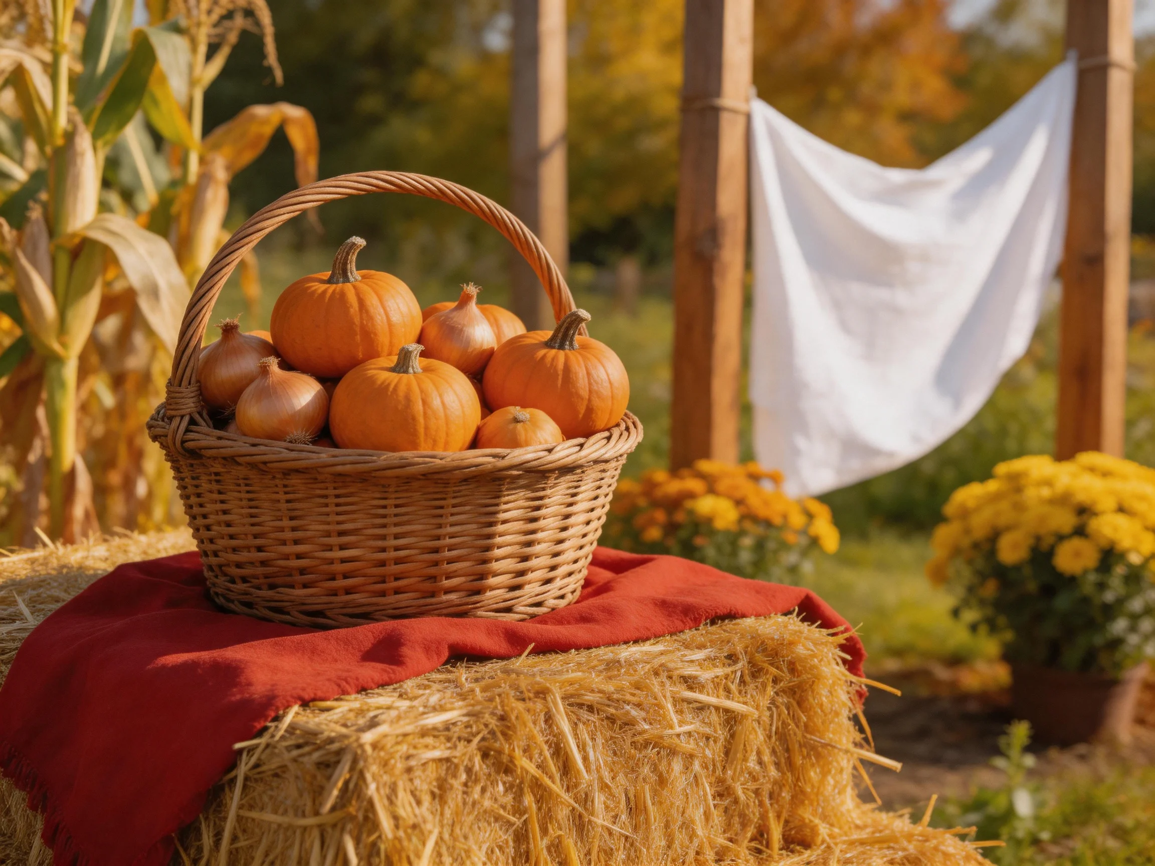 Wicker basket holding small pumpkins and onions sits atop hay bale beside corn and flowers