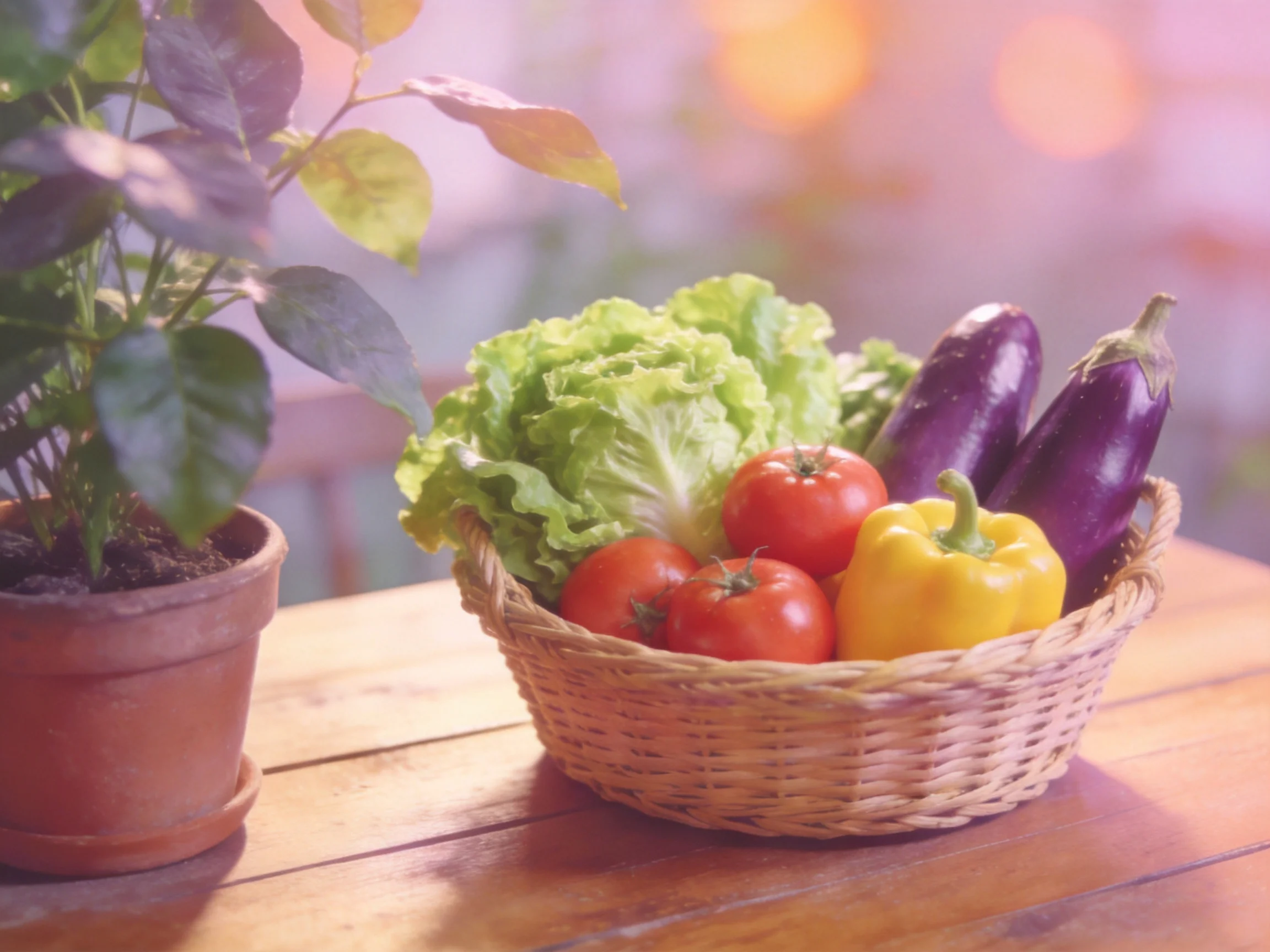 Wicker basket holds assorted fresh vegetables near a potted plant on a wooden table