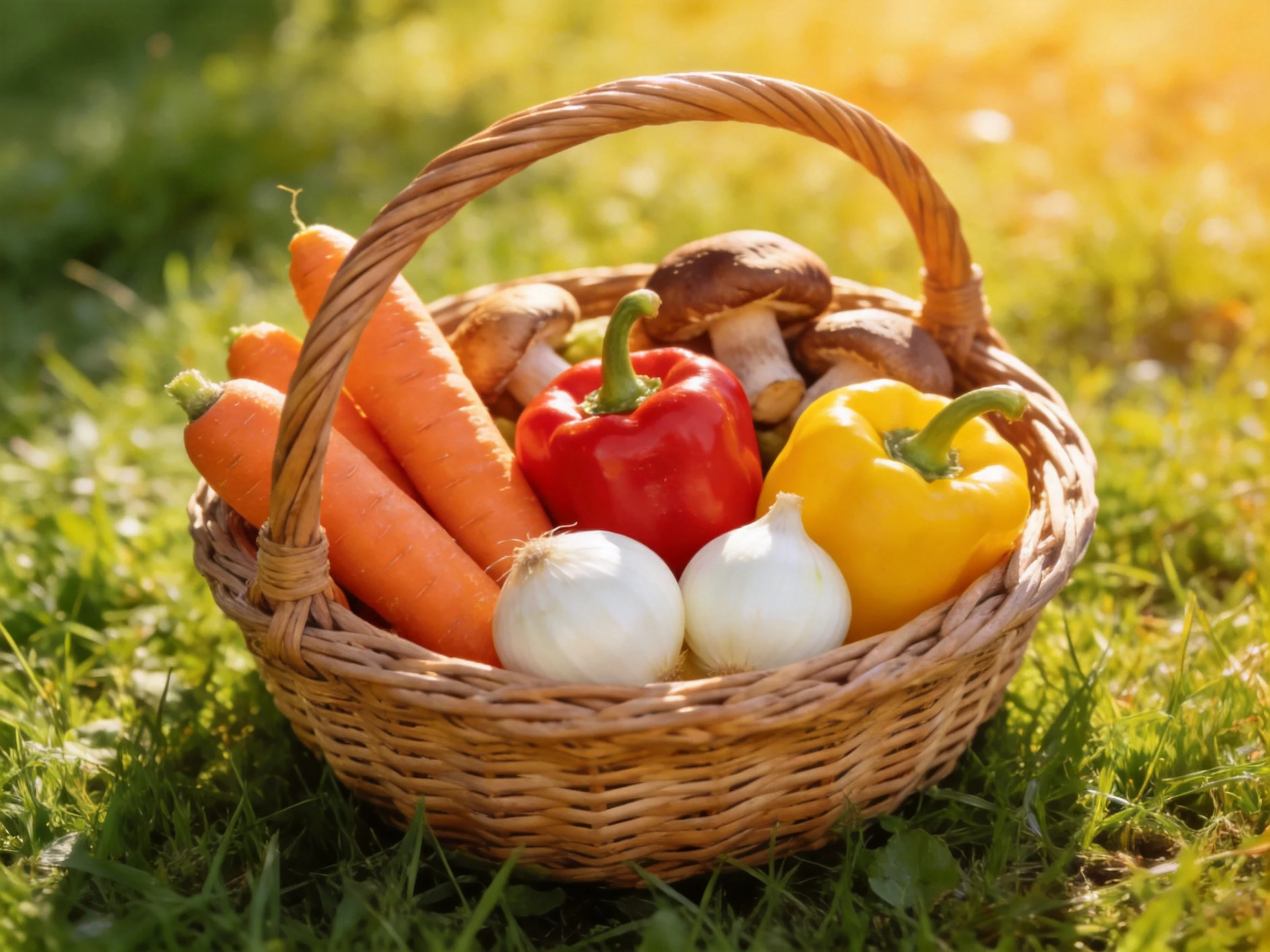 Wicker basket holds colorful veggies—carrots, peppers, onions, mushrooms—on grass