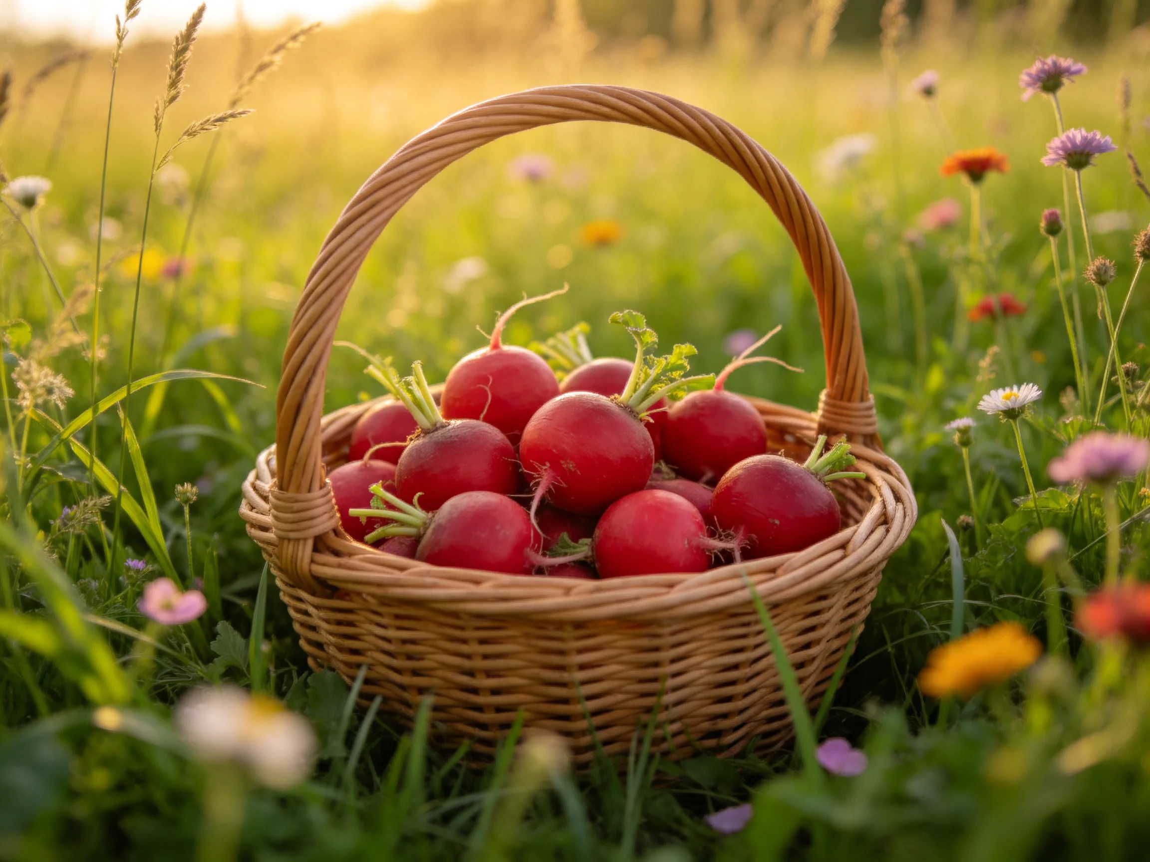 Wicker basket holds red radishes amid wildflowers in sunlit meadow
