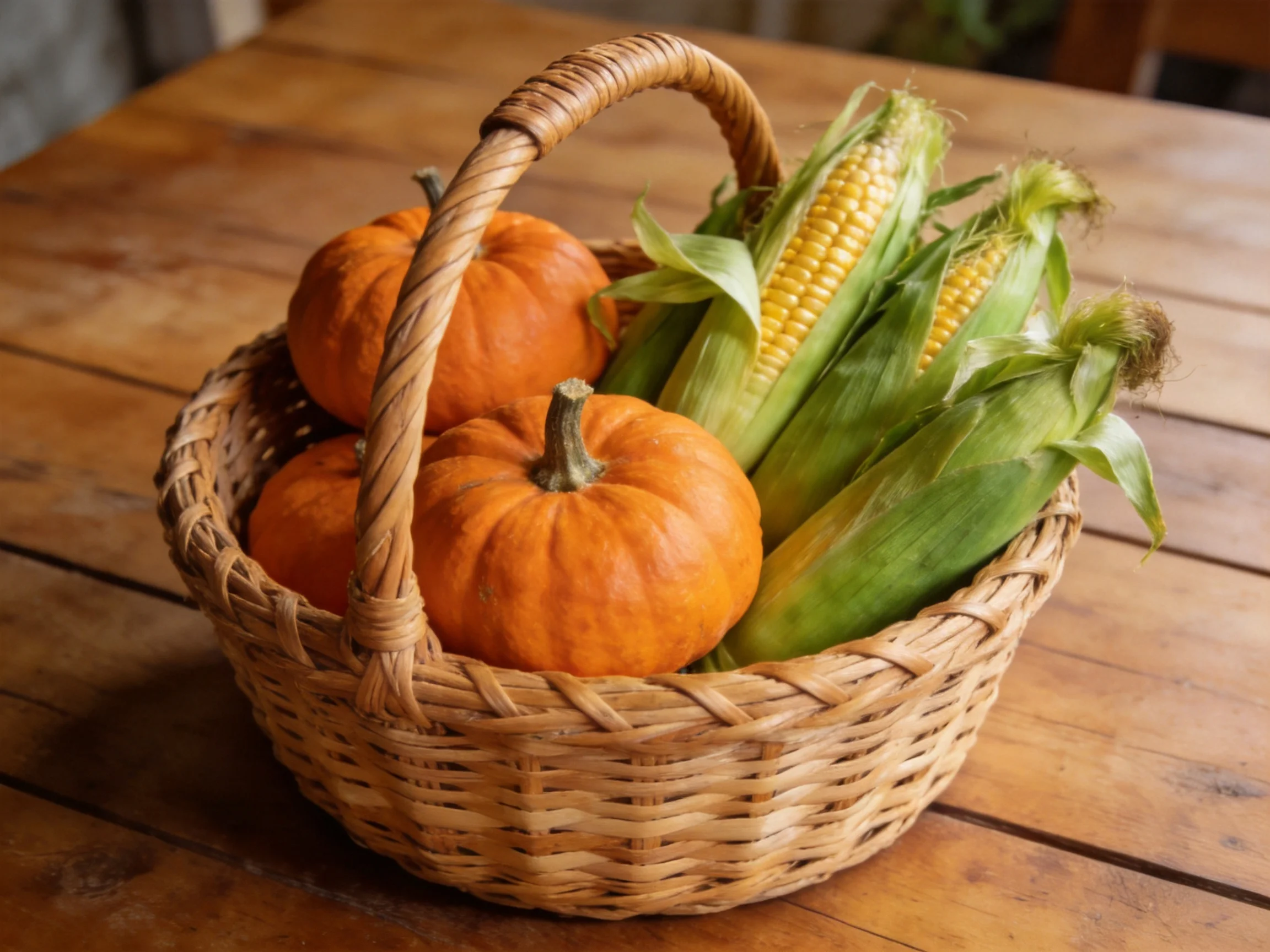 Wicker basket holds three small orange pumpkins and corn ears on wooden table