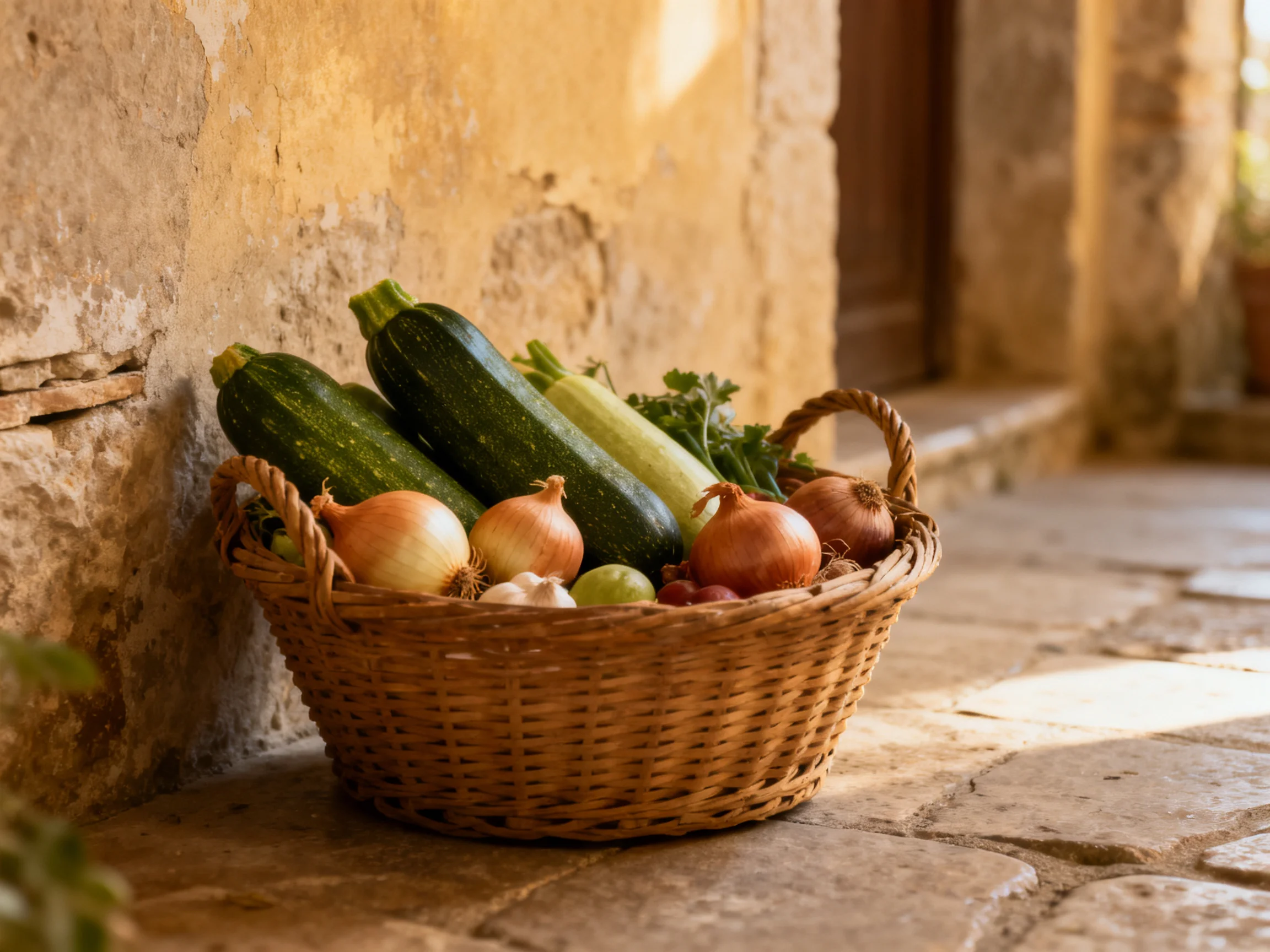 Wicker basket overflowing with fresh vegetables beside an aged stone wall