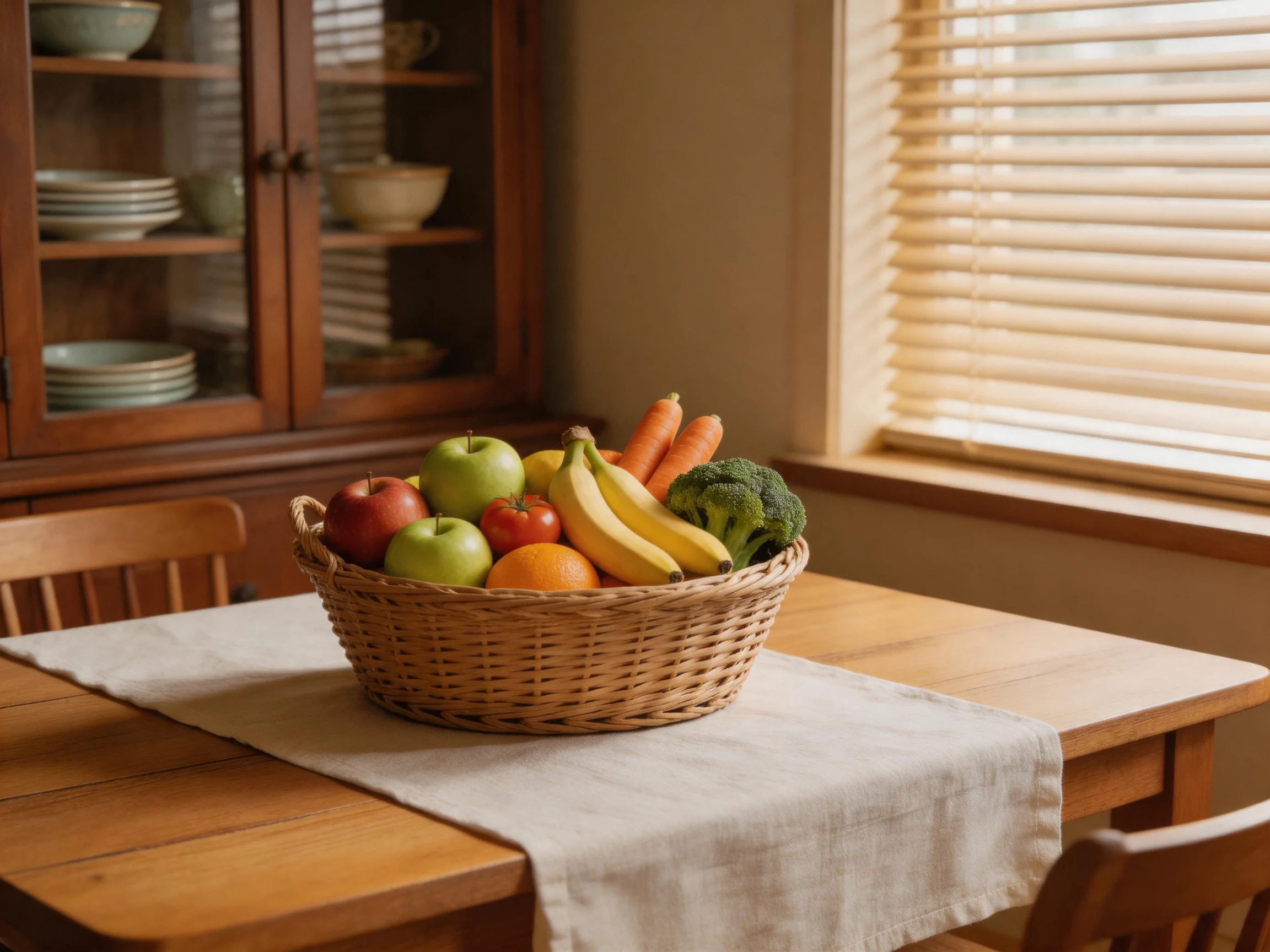 Wicker basket with assorted fruits and vegetables on wooden table by window