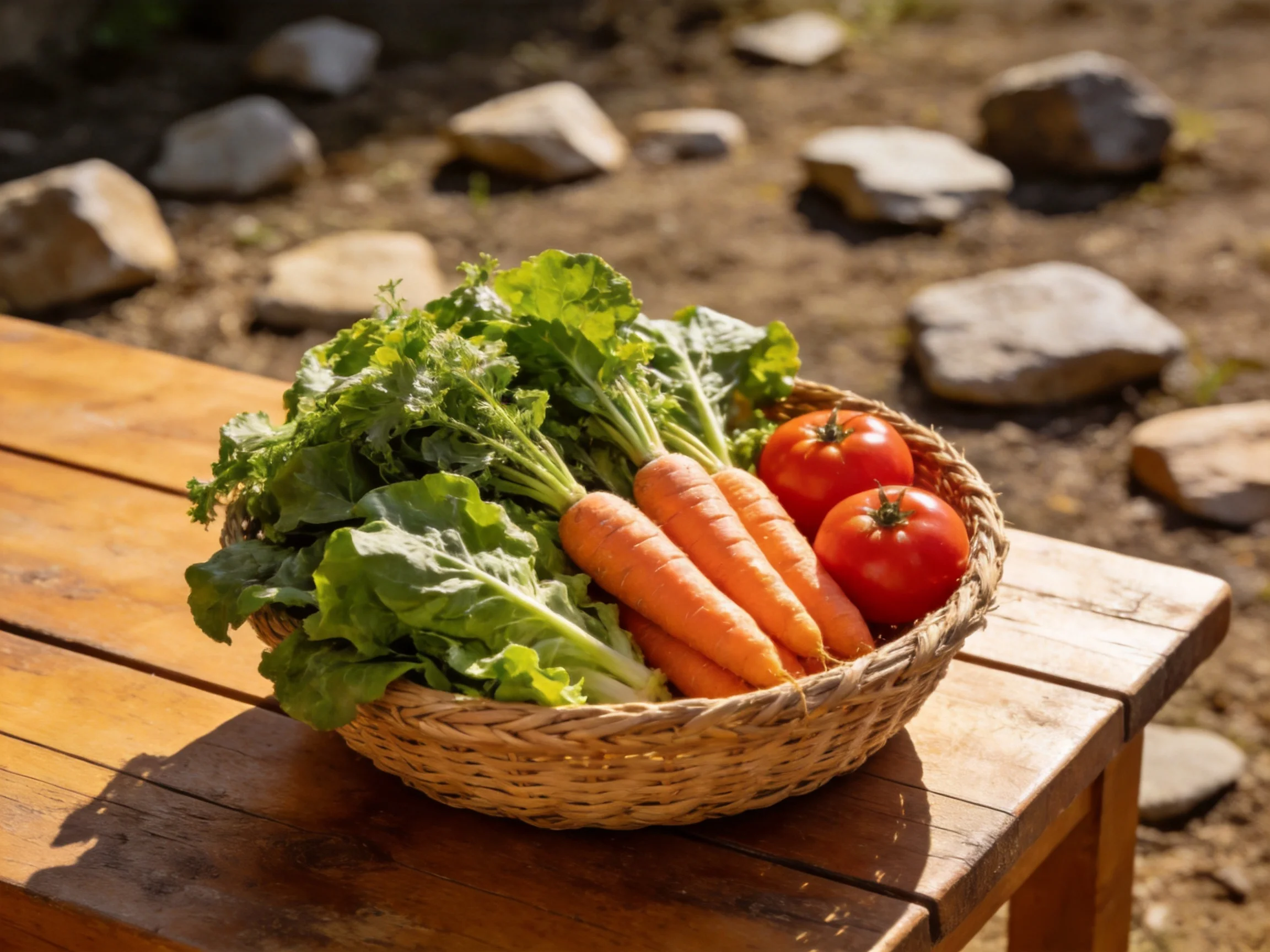Wicker basket with leafy greens, carrots, tomatoes on wooden table outdoors