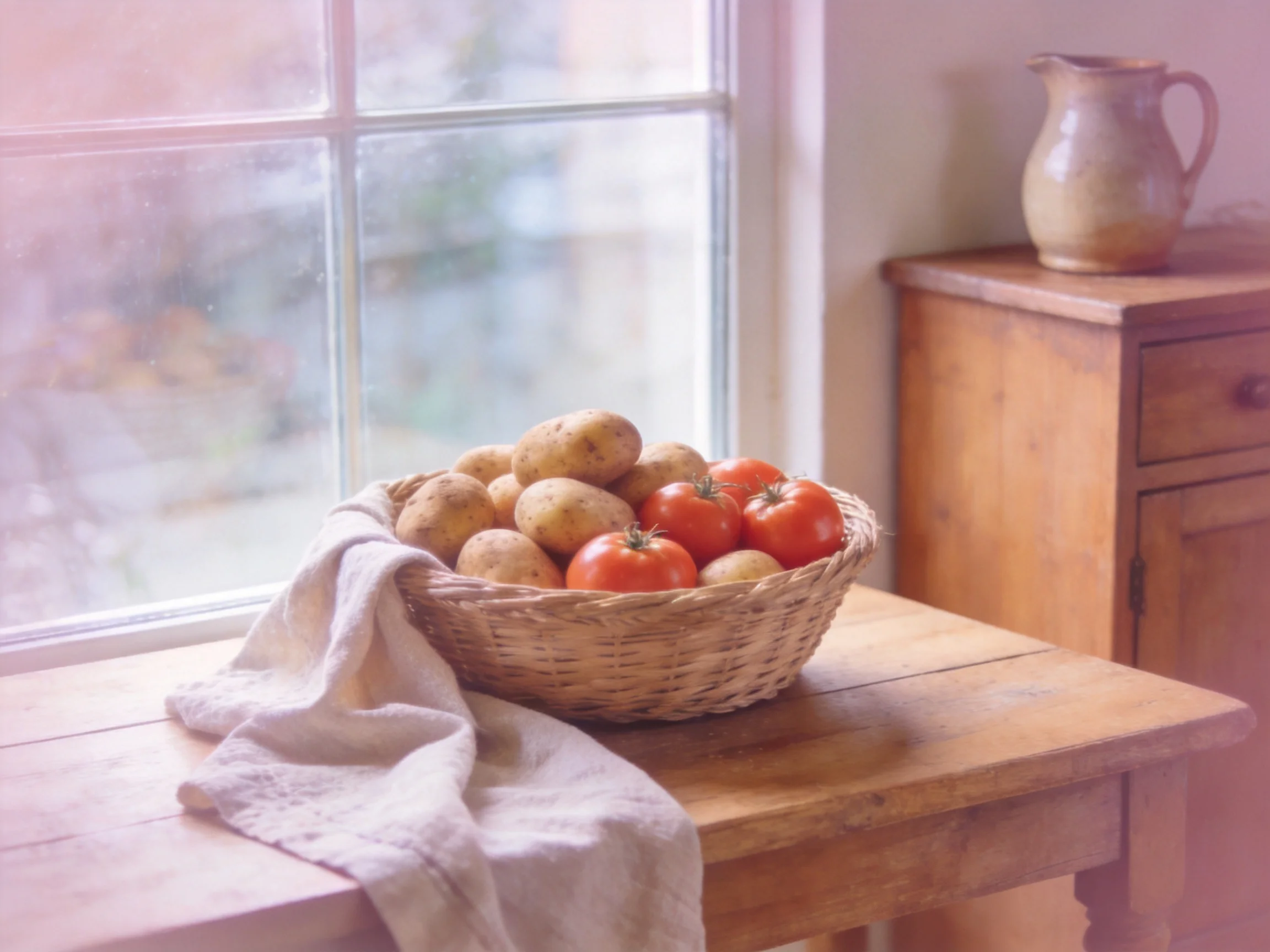 Wicker basket with potatoes and tomatoes on wooden table by window