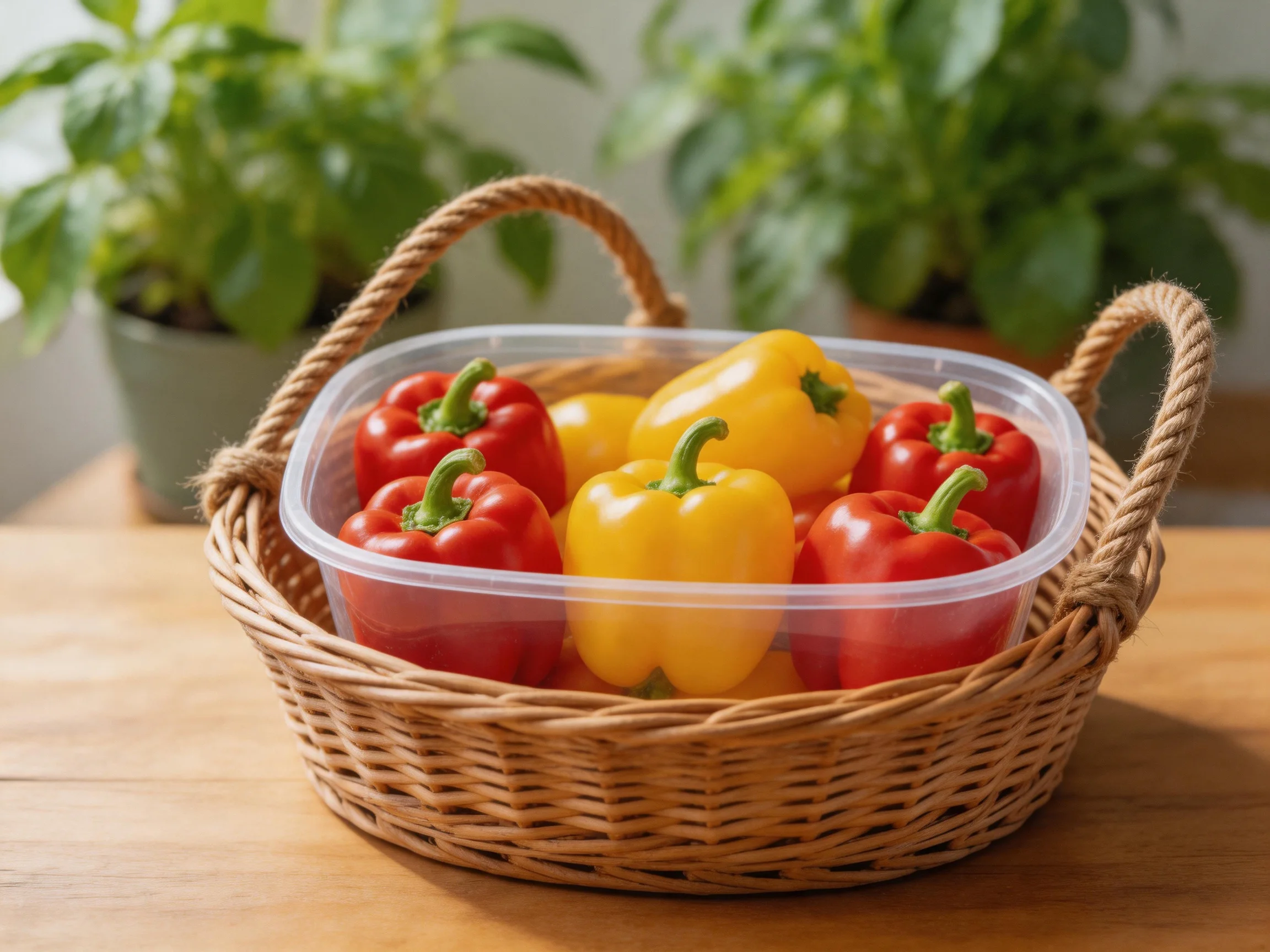 Wicker basket with red and yellow bell peppers near potted green plants
