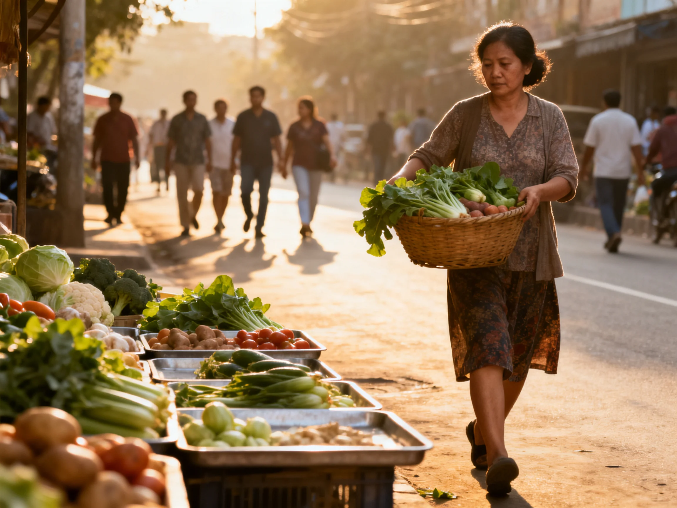 Woman Carrying Wicker Basket of Fresh Greens Through Sunlit Street Market