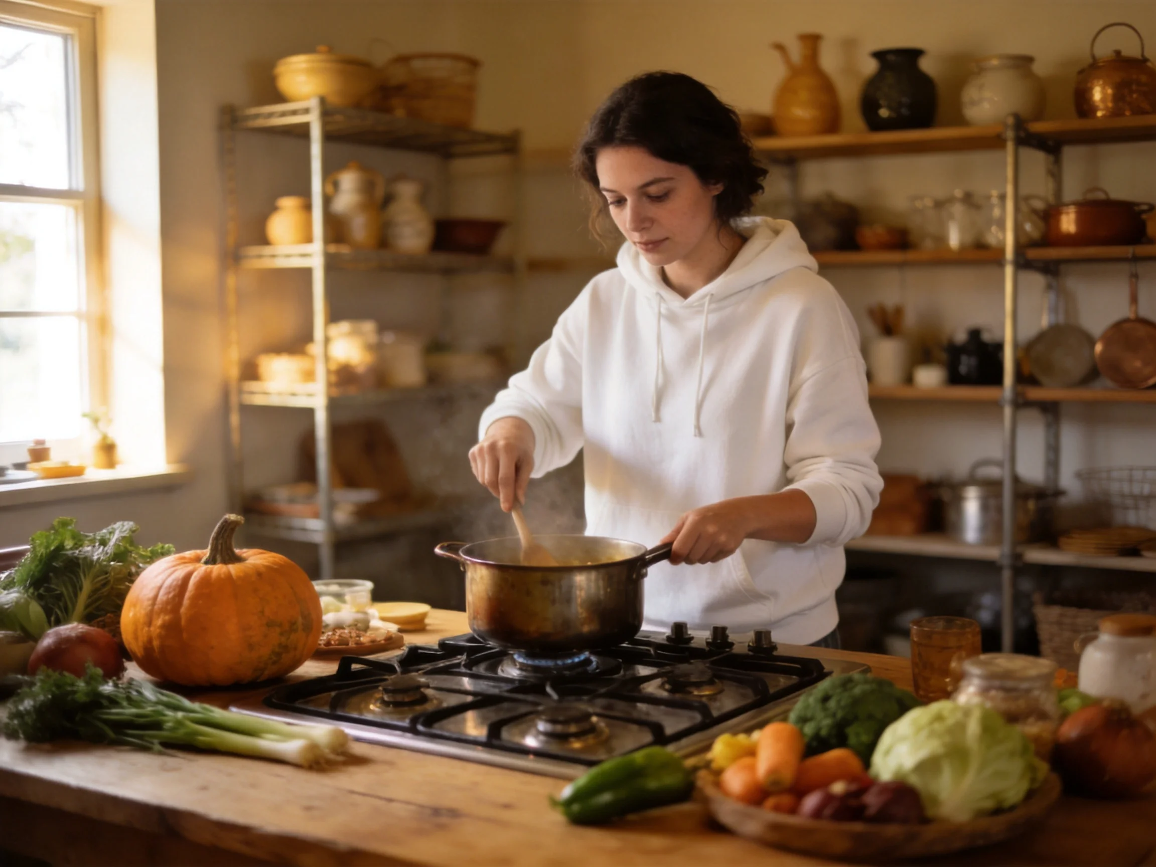 Woman cooking in rustic kitchen with autumn vegetables and vintage shelving