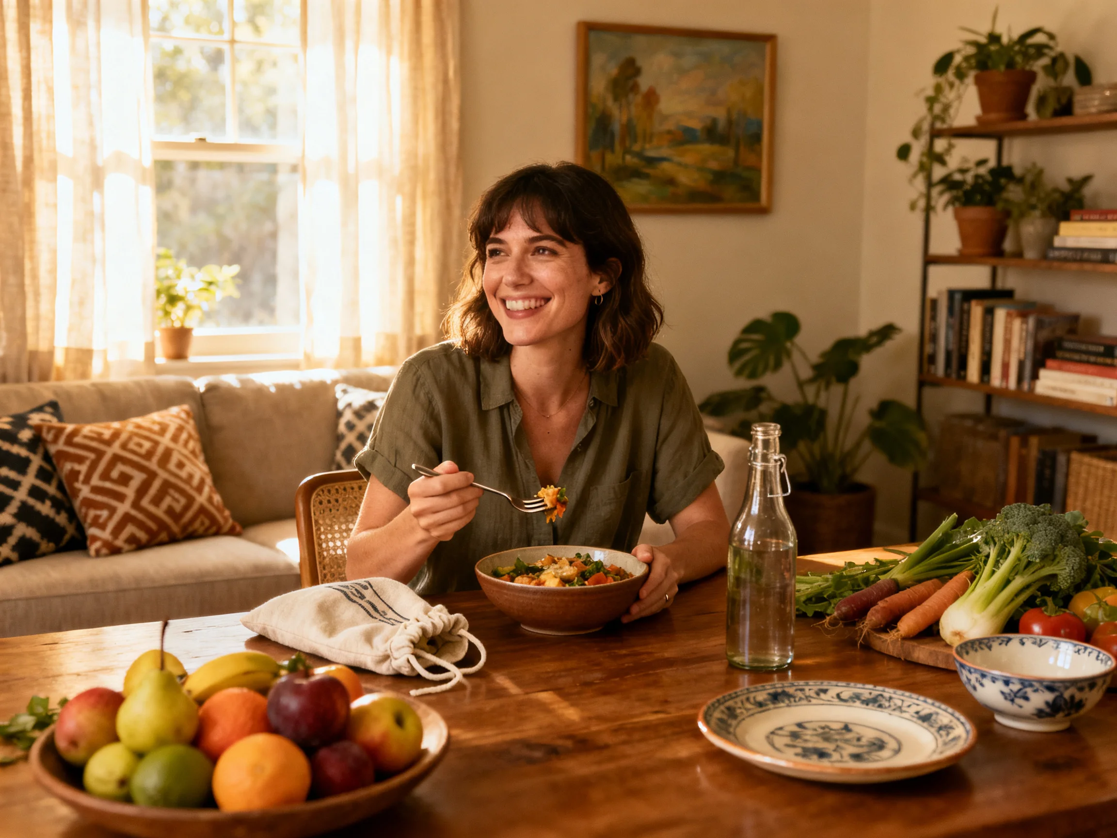 Woman enjoying meal with fresh produce in cozy home kitchen
