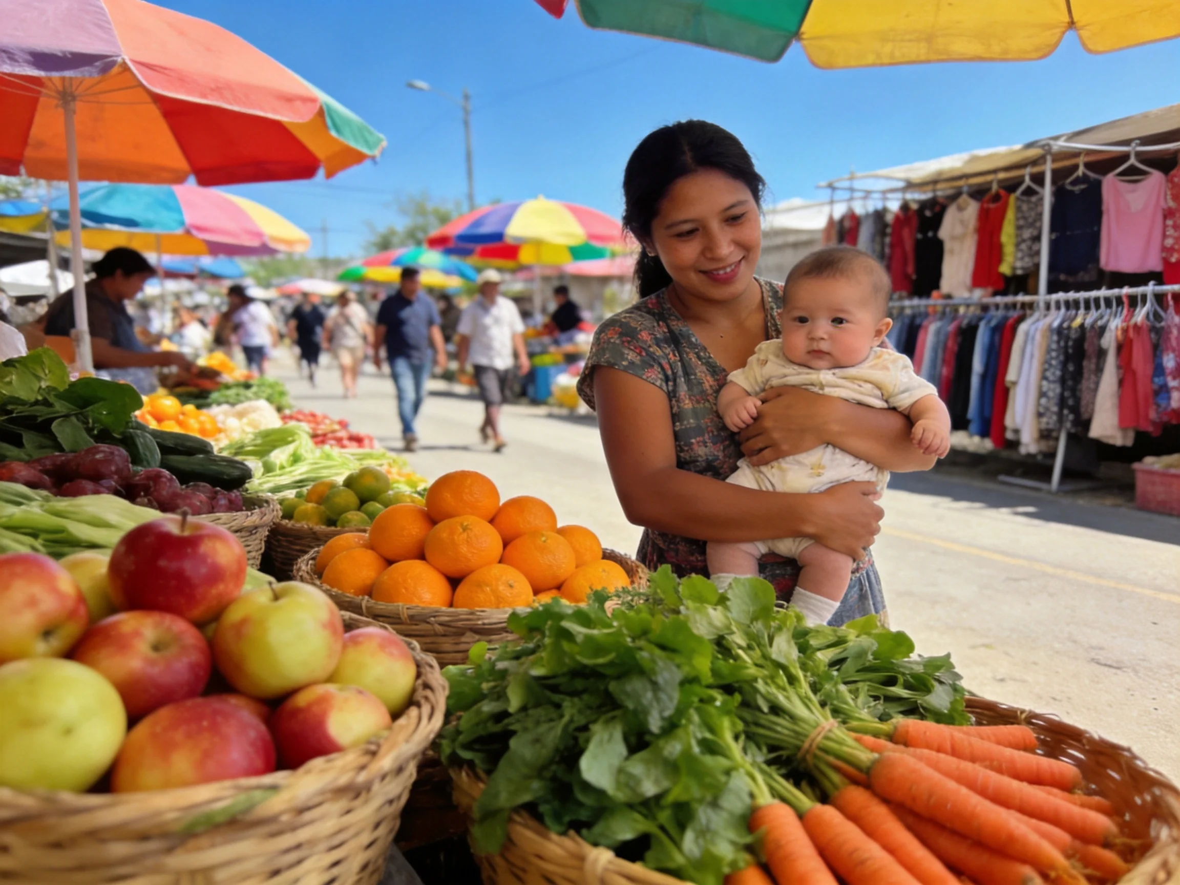 Woman holding baby near colorful produce displays at outdoor market
