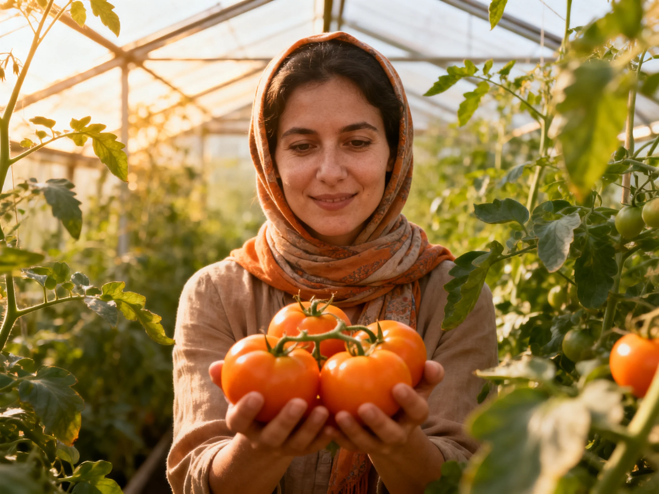 Woman holding five vibrant tomatoes in a greenhouse