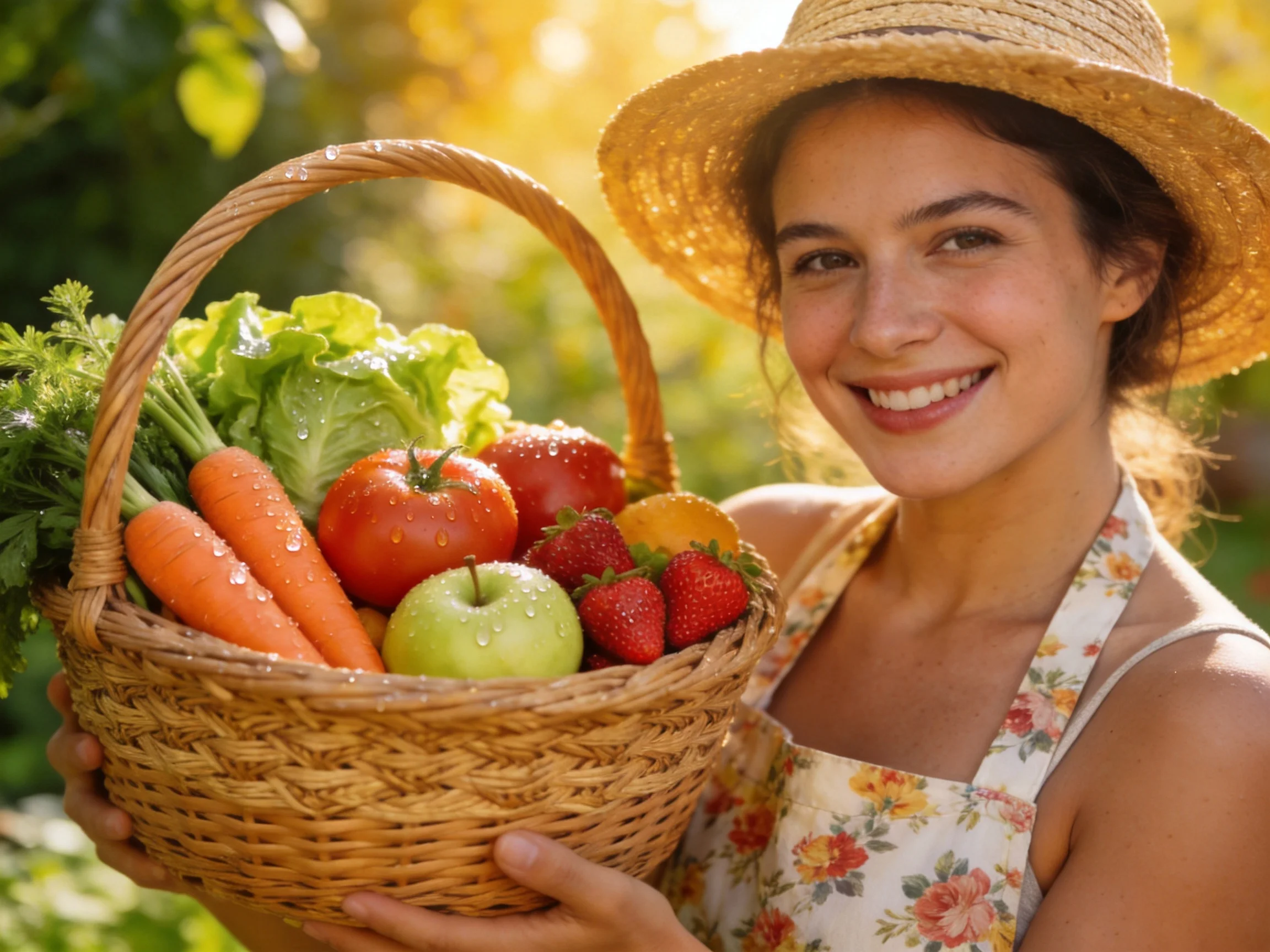 Woman holds wicker basket with fresh colorful produce outdoors