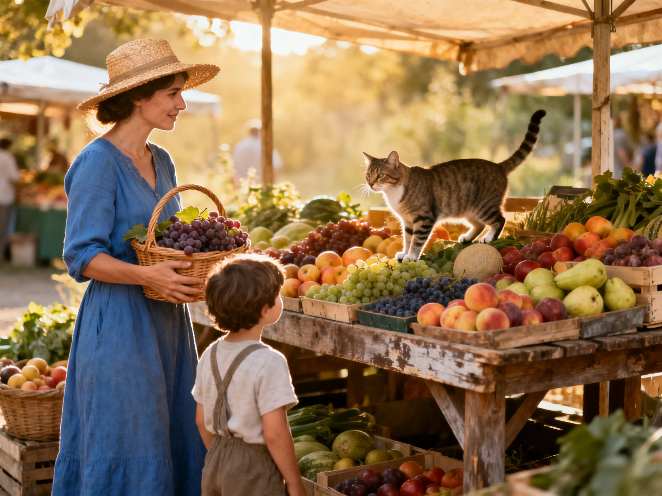 Woman in blue dress shops at outdoor market with child and tabby cat on fruit stand