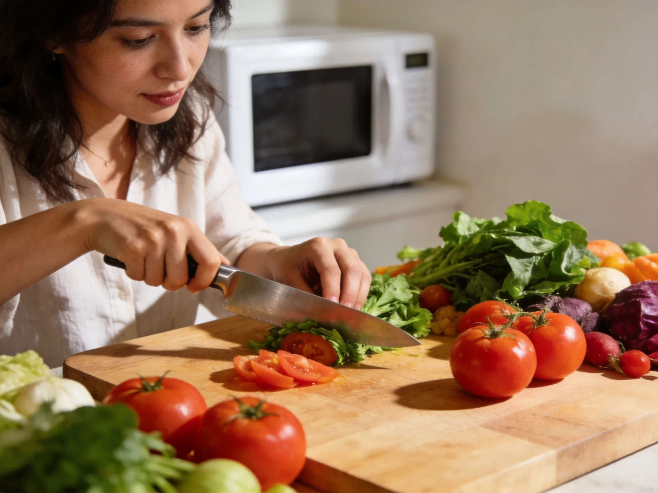 Woman preparing vegetables by chopping tomatoes and greens on a wooden cutting board