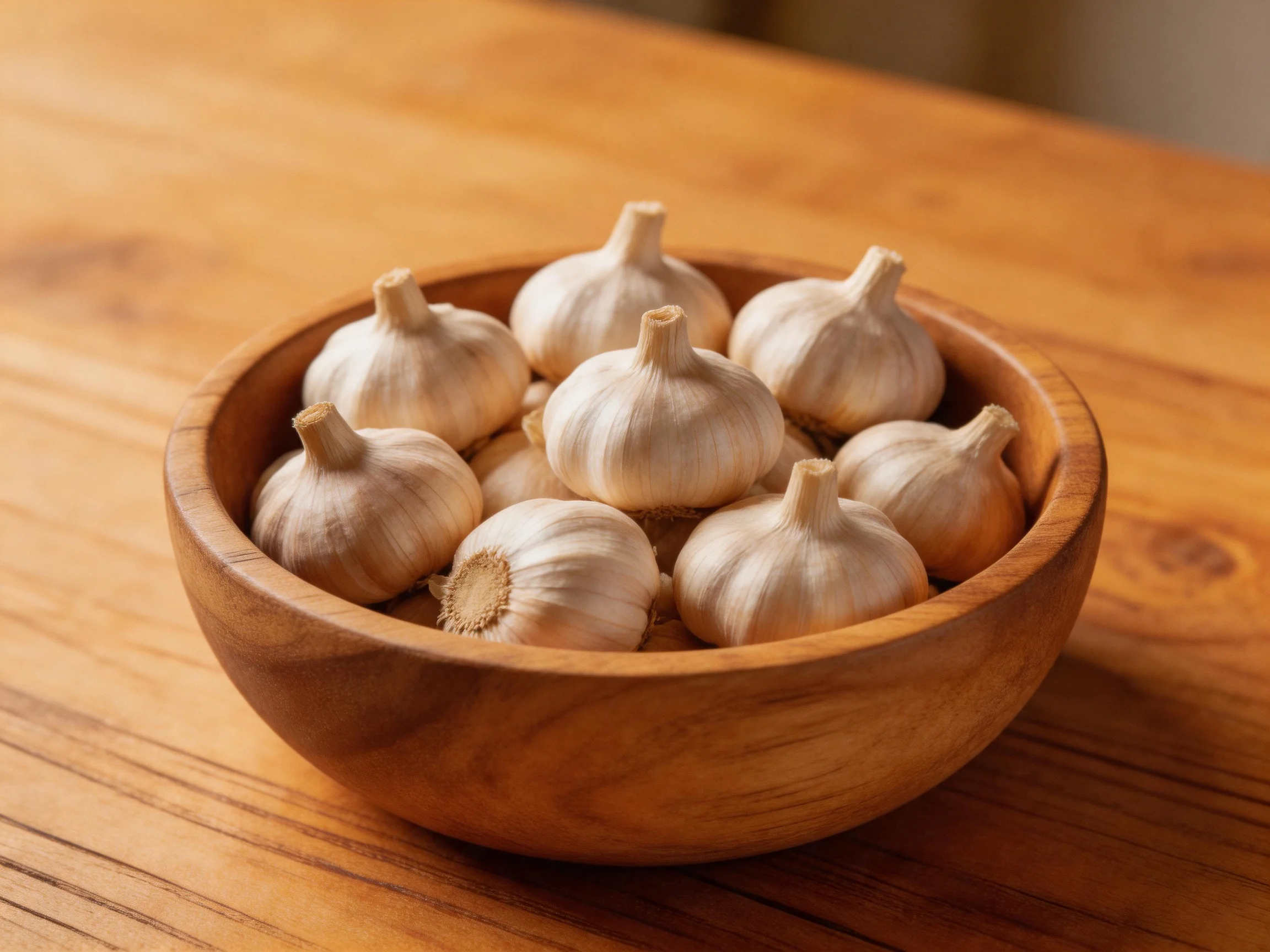 Wooden bowl filled with garlic bulbs on wooden table