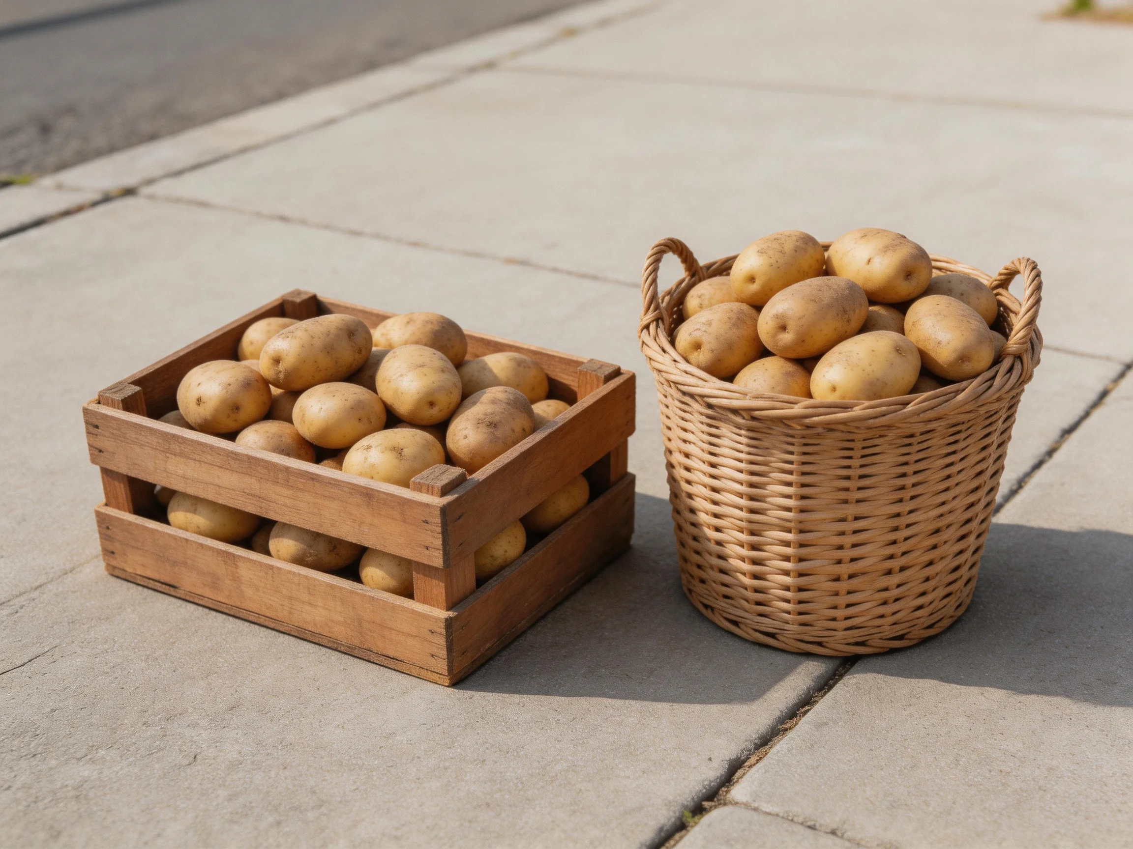 Wooden crate and wicker basket hold light brown potatoes on concrete